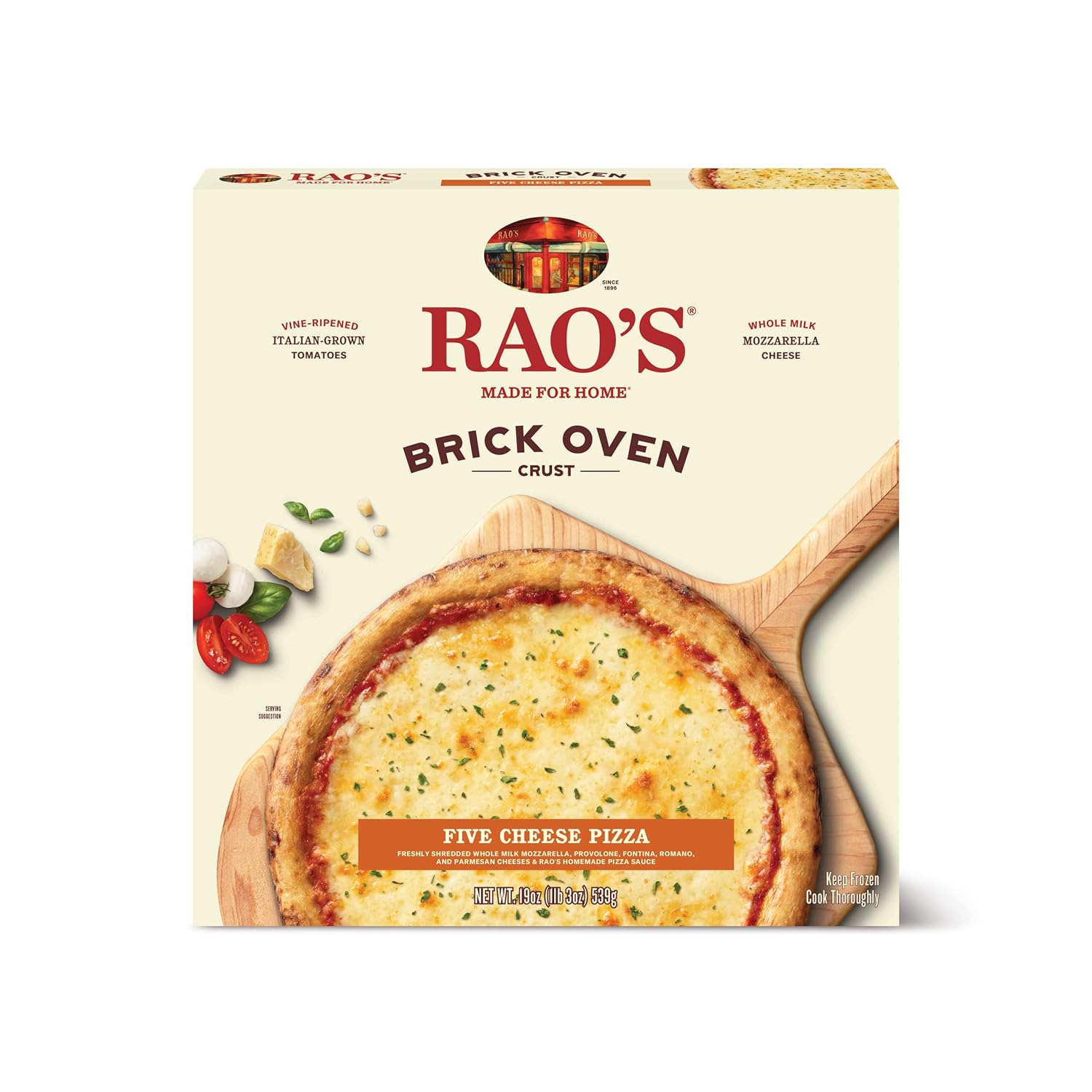Rao’s Pizza congelada hecha para el hogar, cinco queso, corteza de horno de ladrillo, hecha con mozzarella, provolone, fontina, parmesano y romano