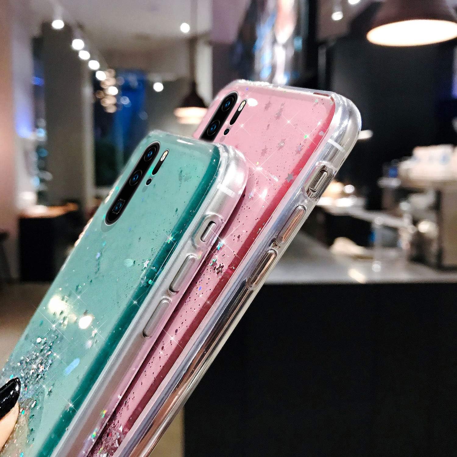 Funda para Huawei P30 Pro con purpurina, transparente con purpurina delgada, de goma de poliuretano termoplástico (TPU), gel de piel de estrellas