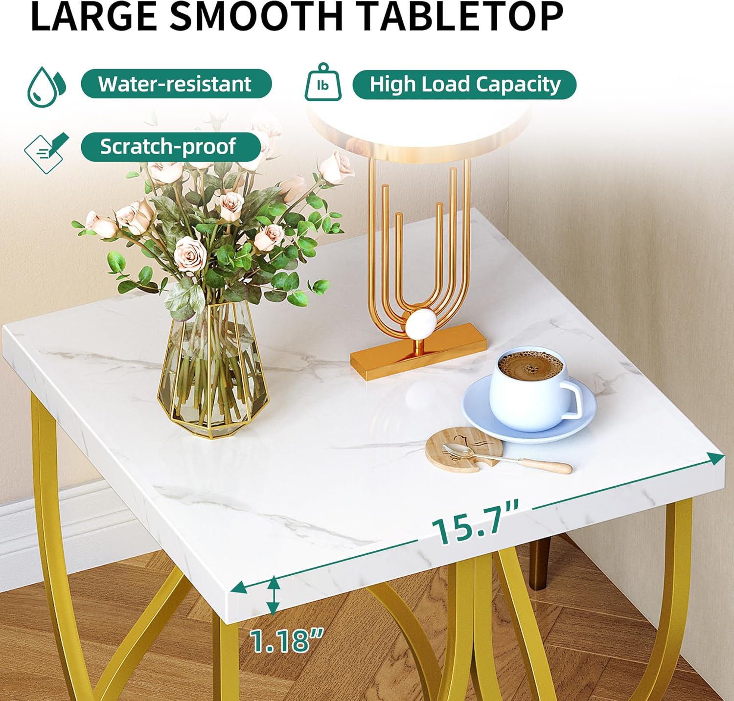 YITAHOME Mesa auxiliar para sala de estar, moderna mesa auxiliar de mármol dorado con estante de almacenamiento de 2 niveles, mesa de centro