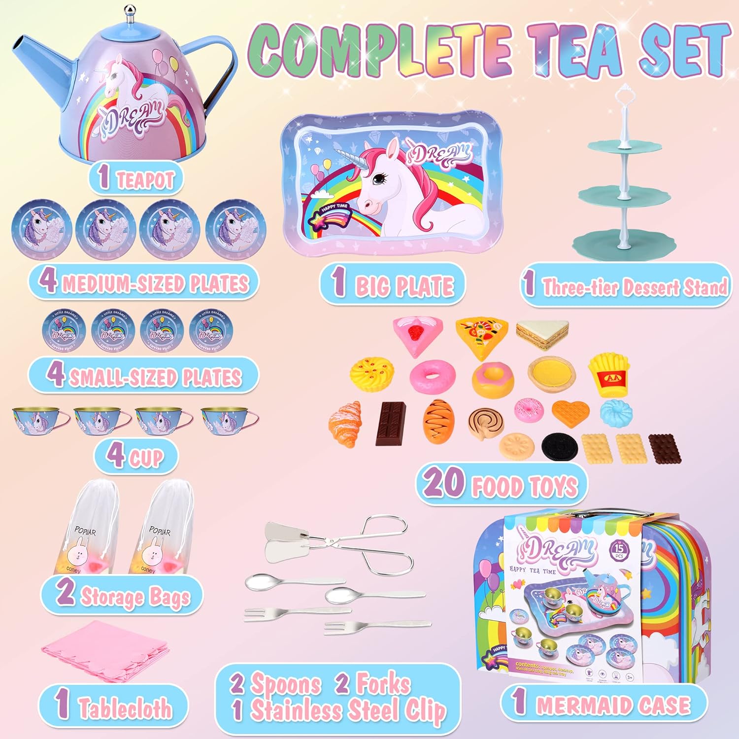 SAITI Juego de té de fiesta temática de unicornio para niñas pequeñas, juego de té de princesa, tetera de juguete de regalo para niños, suministros