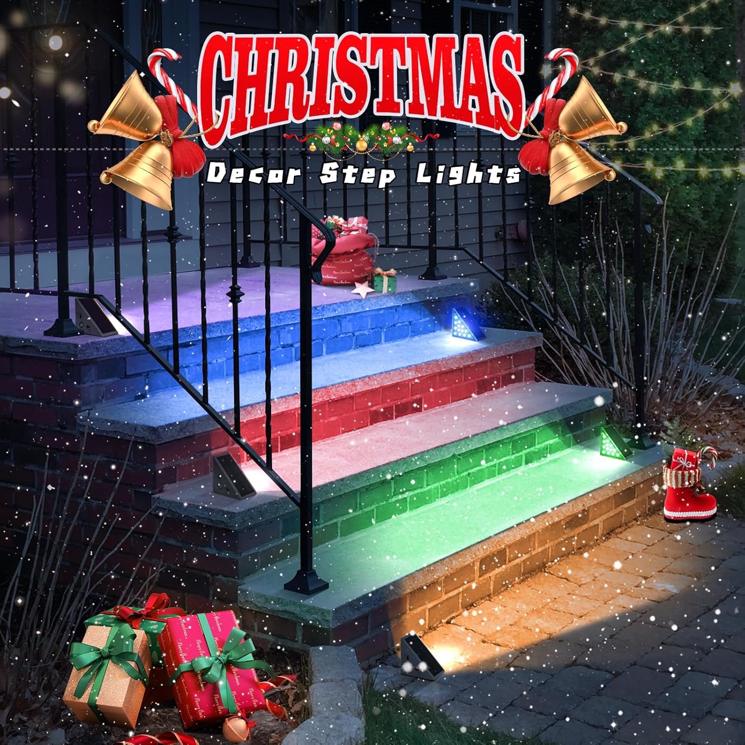 NIORSUN Luces solares para exteriores, paquete de 4 luces solares RGB que cambian de color sólido para escaleras, impermeables, IP67, encendido y