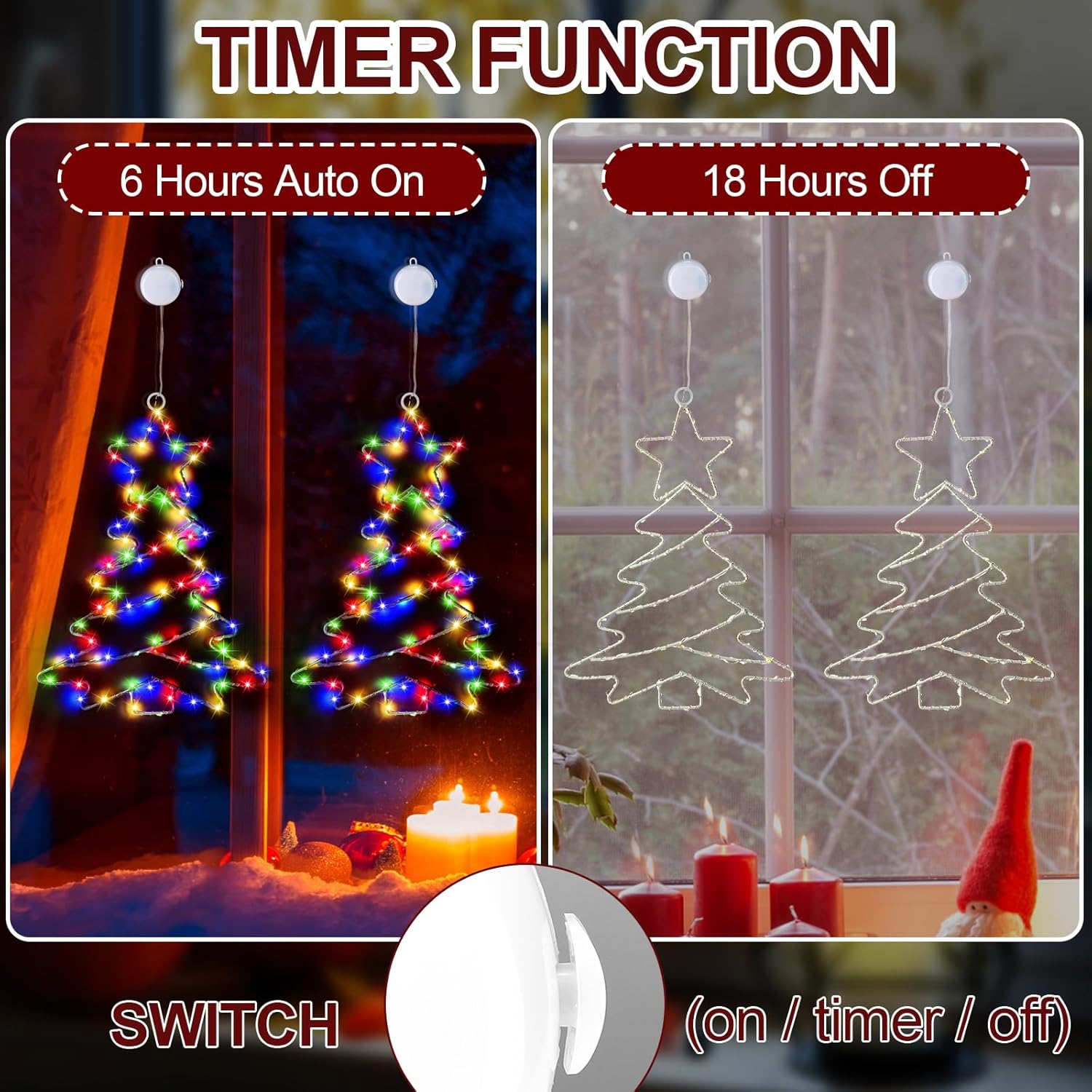 DANLI Decoraciones de Navidad para ventana, marco de hierro, luces de árbol de Navidad con ventosa, temporizador, funciona con pilas, luces de