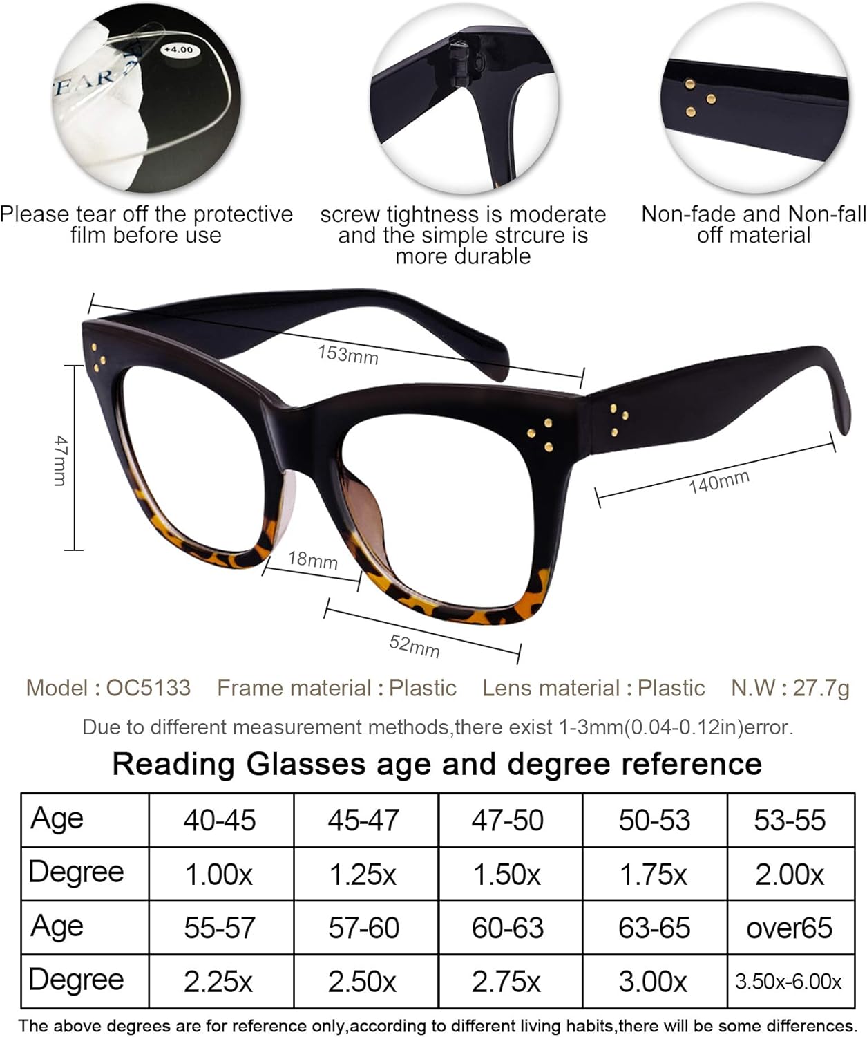 OCCI CHIARI Lentes de lectura anti luz azul para mujeres, lectores de moda, protección UV 0 1.0 1.5 2 2.5 3 3.5 4.0 5.0 6.0 (Demi, 1.5)