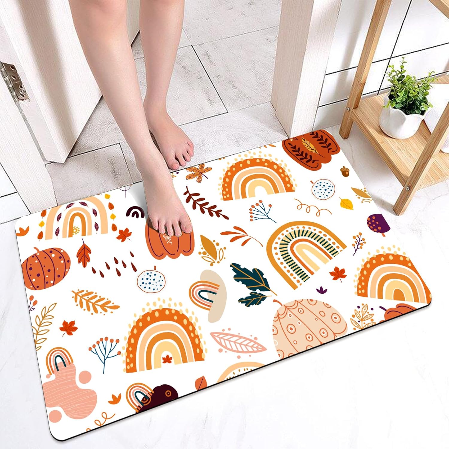 MEHOFOND Tapete de baño bohemio con diseño de arco iris, abstracto, minimalista, geométrico, de mediados de siglo, calabaza, decoración de baño,