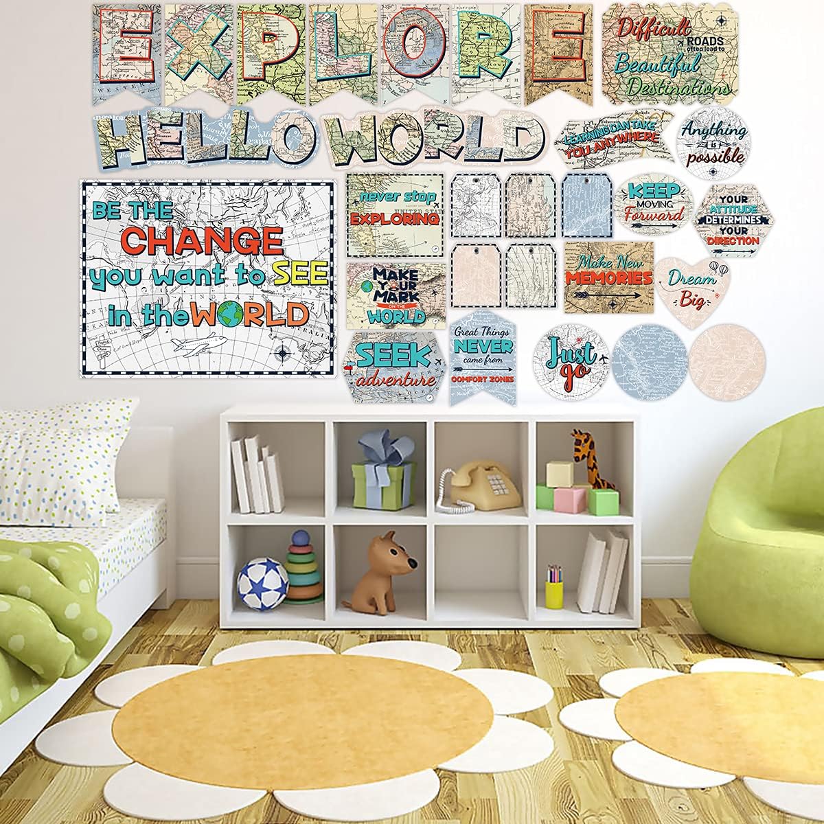 Juego de tablones de anuncios de viaje, decoración de aula con mapas, 29 piezas