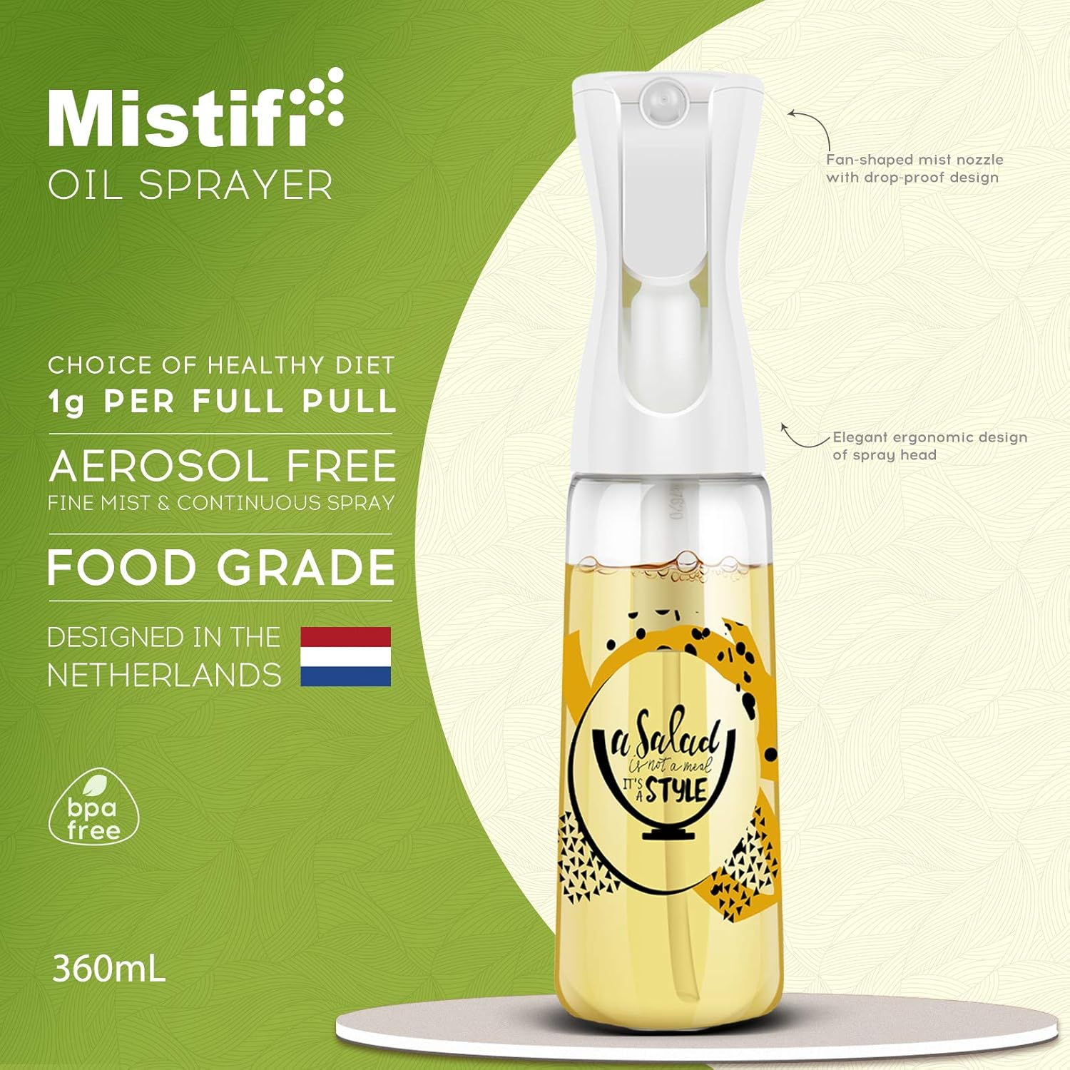 Oliver – Pulverizador de aceite para cocinar, botella de spray de 12 onzas, dispensador de aceite recargable sin aerosol, estilo ensalada Mister