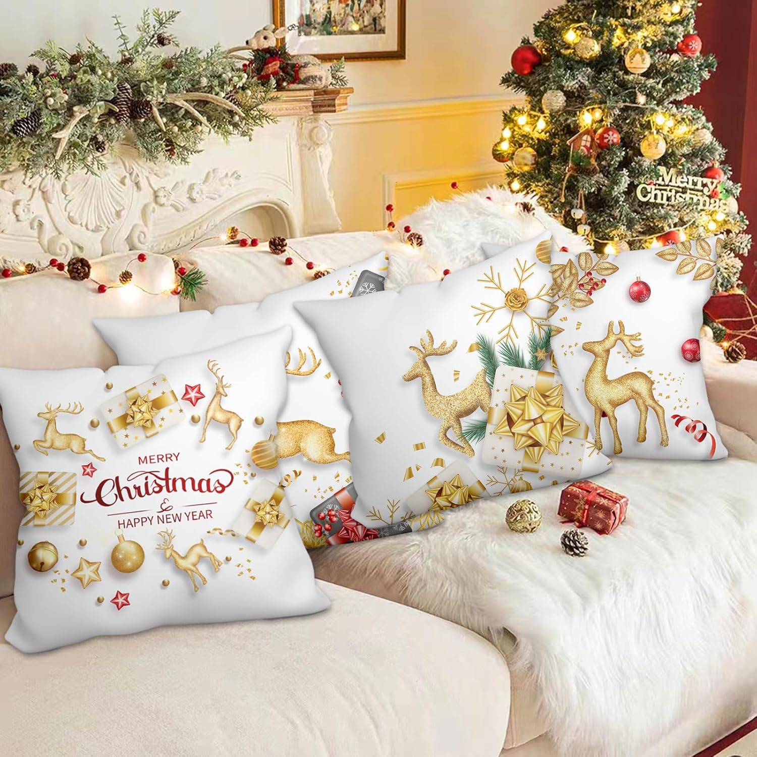 WSZBDY Juego de 4 fundas de almohada de Navidad, copos de nieve de oro blanco, decoración de Navidad, renos, 18 x 18 pulgadas, juego de 4 adornos de