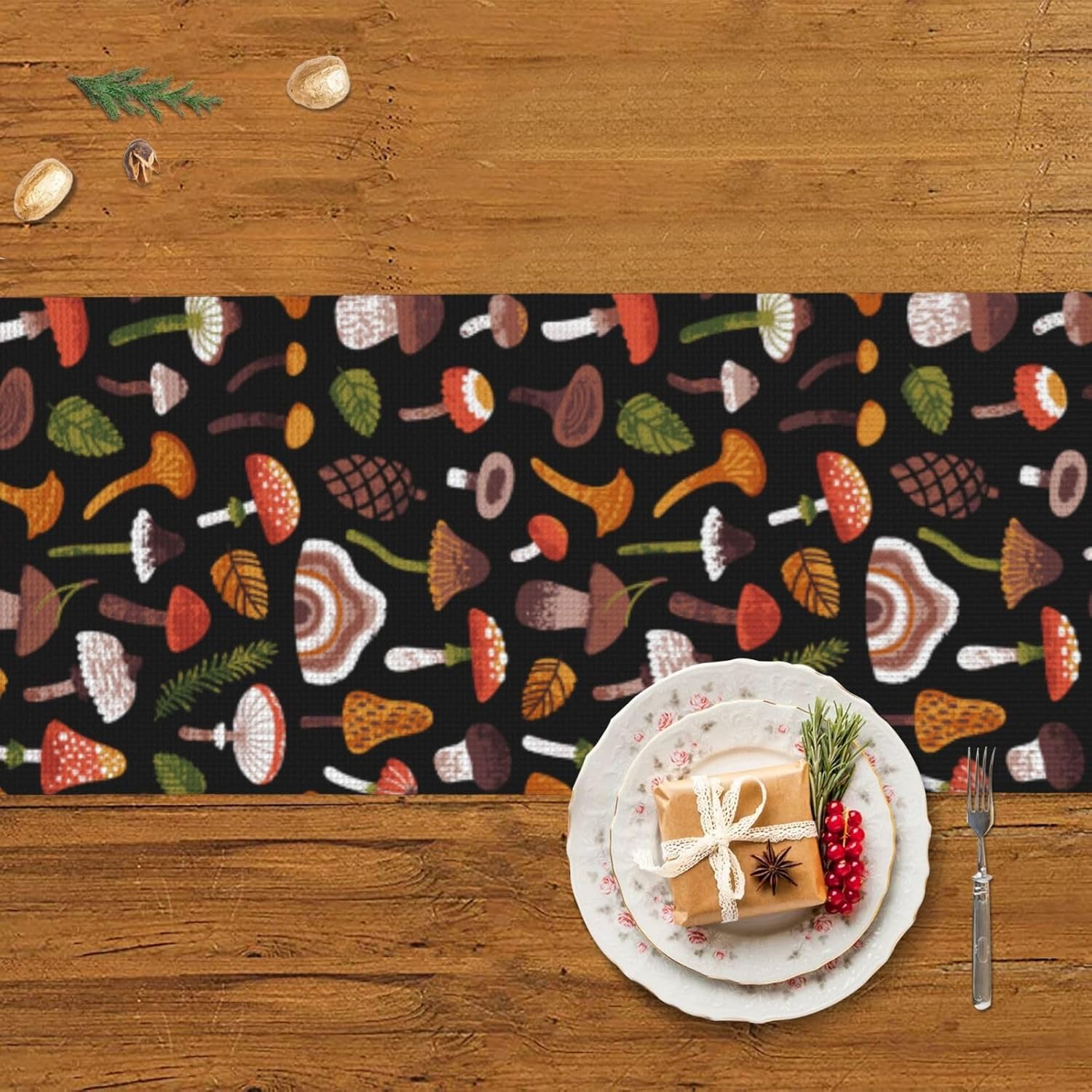 Camino de mesa de Navidad con hongos y hojas, decoración de mesa de comedor, decoración de Navidad, decoración de interiores del hogar, caminos de