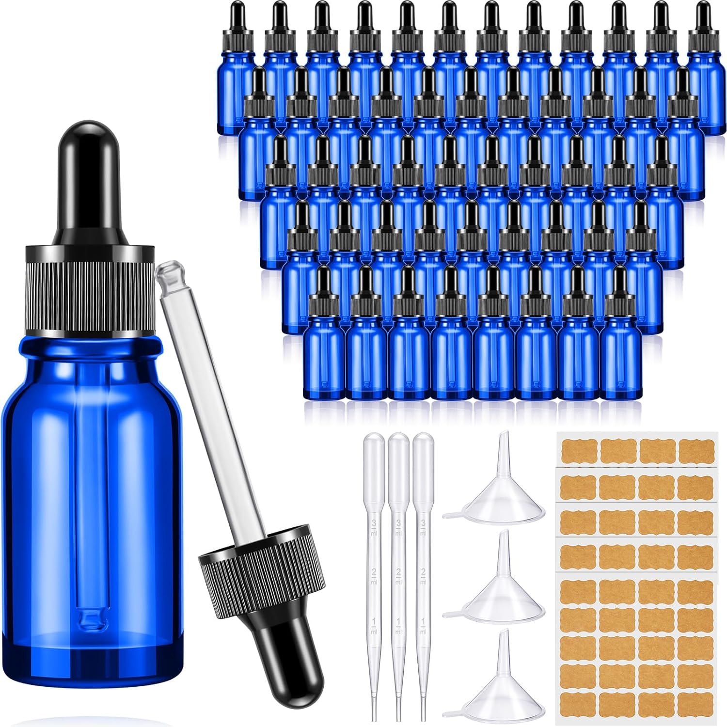 Lallisa Paquete de 100 botellas con cuentagotas de aceite esencial con dispensador de cuentagotas de ojos con 5 embudos, 5 pipetas de 0.1 fl oz, 100