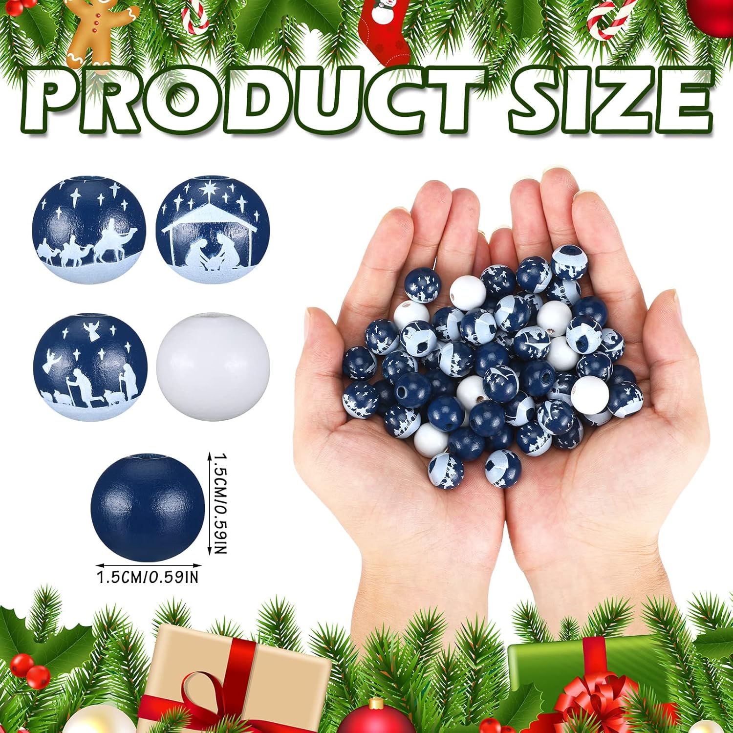 120 cuentas de madera de Navidad con diseño de Jesús, cuentas espaciadoras de madera redondas de Navidad de 0.632 pulgadas (0.630 in), cuentas de