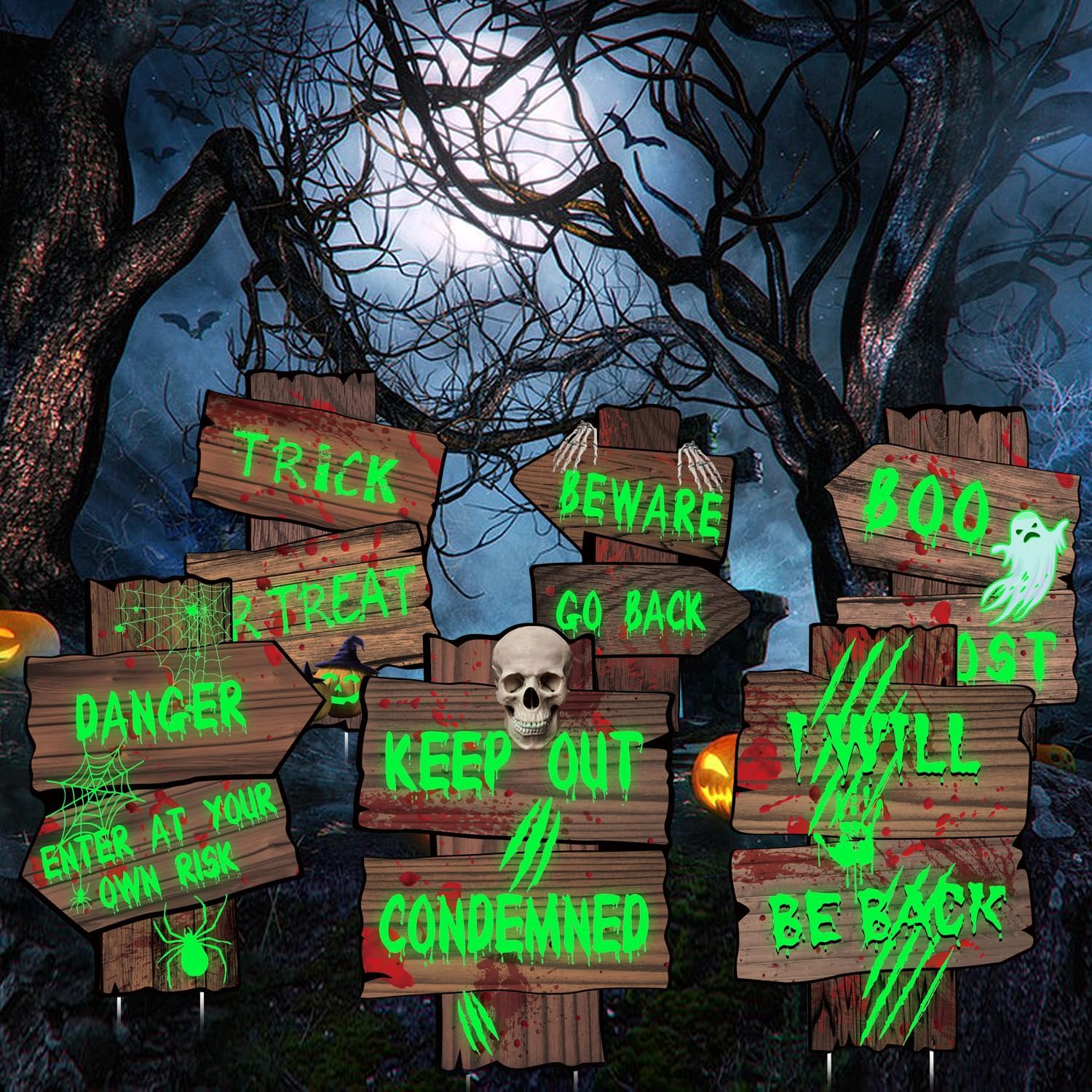 Decoraciones de Halloween con texto en inglés Beware Yard Sign para exteriores, 6 piezas de letrero de advertencia que brilla en la oscuridad,