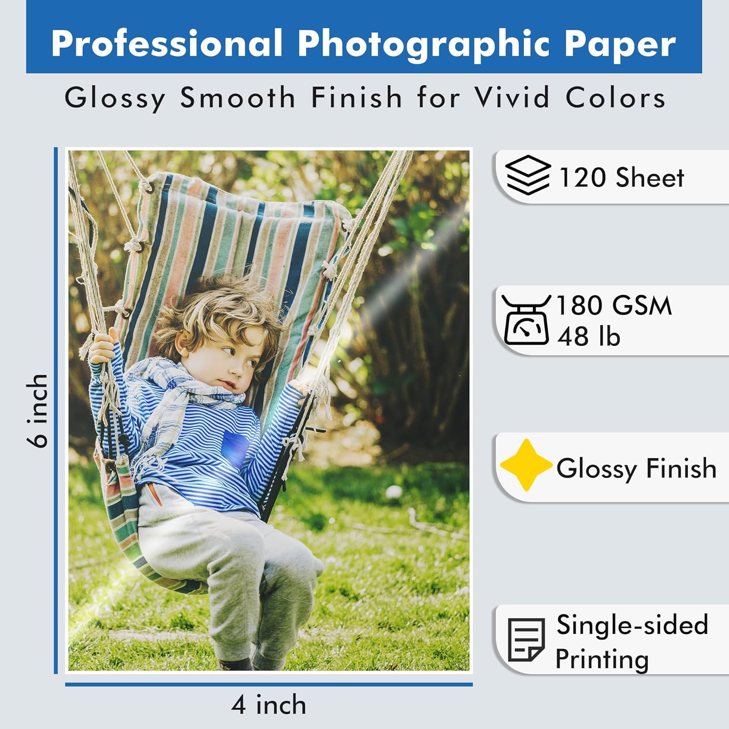 120 hojas de papel fotográfico brillante de 4 x 6 pulgadas, papel fotográfico brillante profesional de 48 libras para impresoras de inyección de