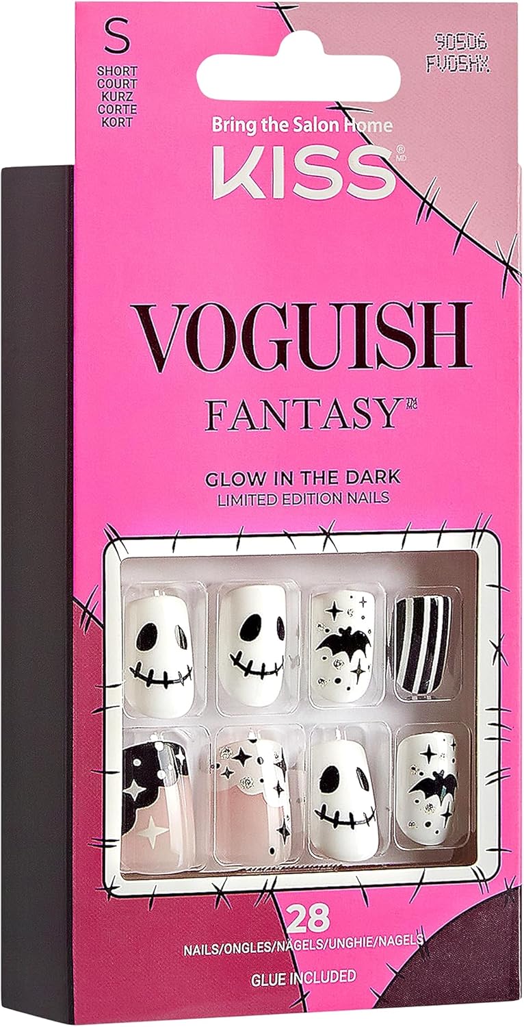 KISS Voguish Fantasy – Uñas de Halloween, color blanco y negro, longitud corta, forma cuadrada, pegamento de uñas de gel rosa (0.07 oz), lima de