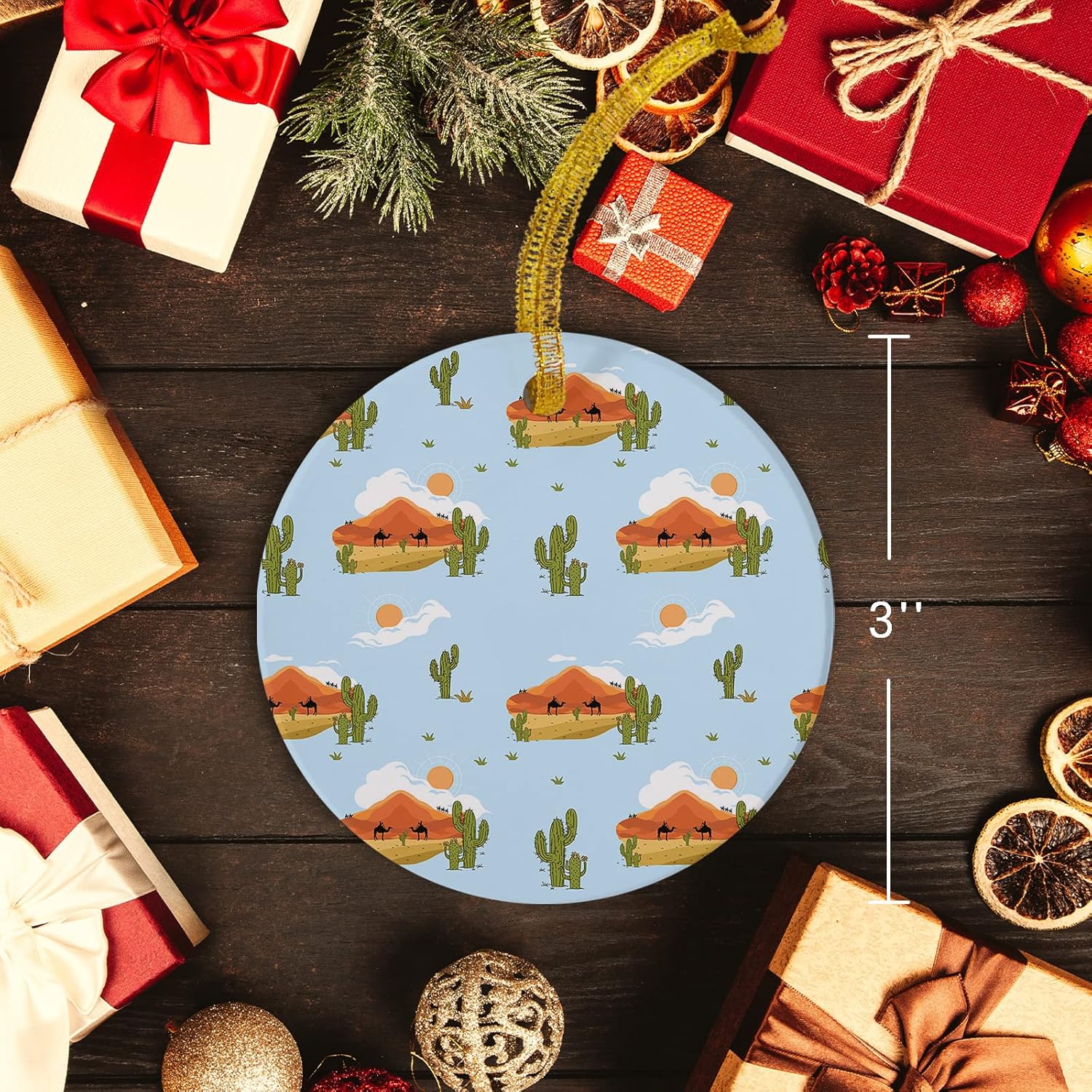 Adorno de Navidad 2023, accesorios para colgar en el árbol de Navidad, cactus, desierto, camello, sol, nube, árbol de Navidad, adornos redondos de