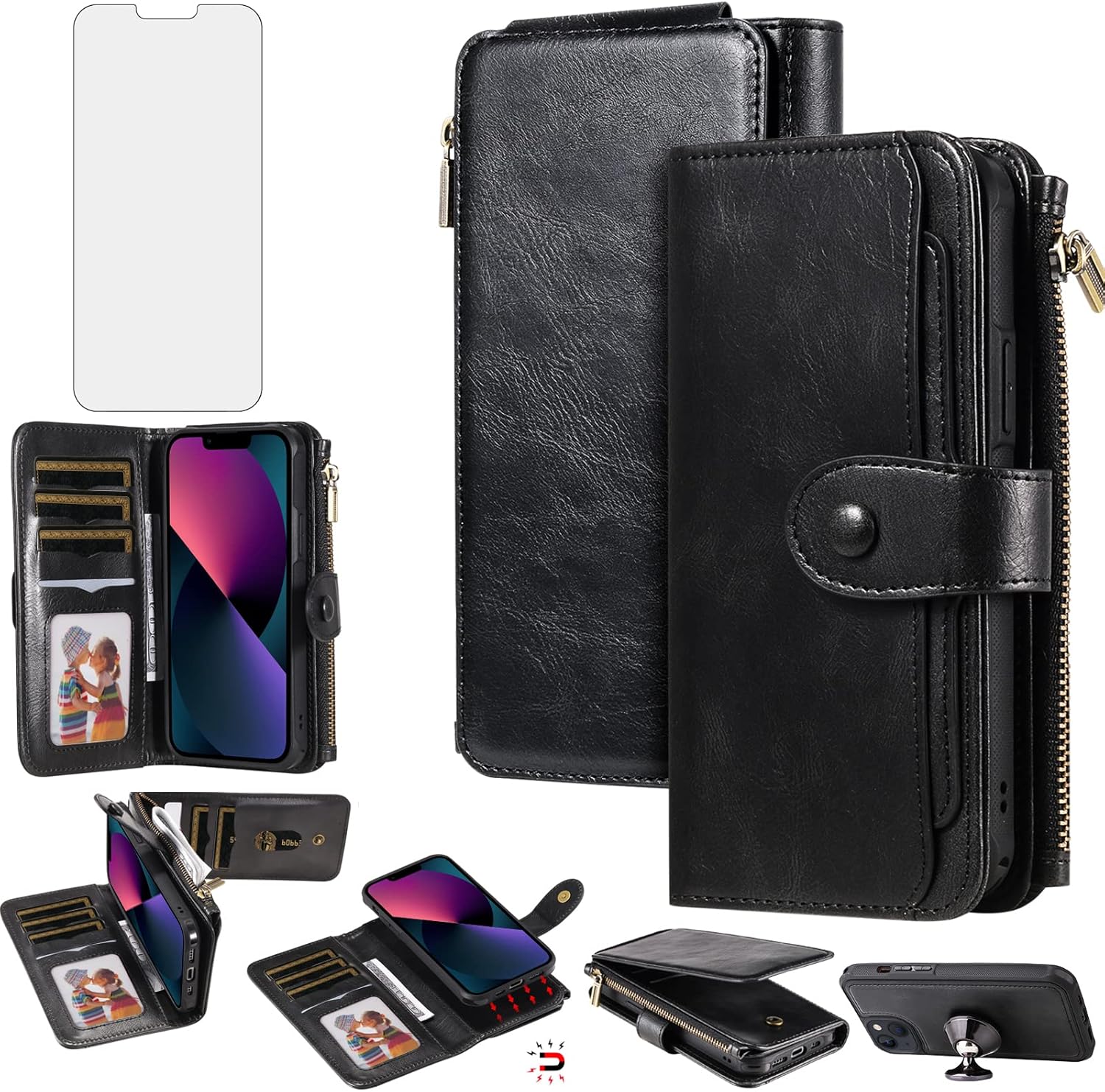 Asuwish Funda de teléfono para iPhone 13 Mini de 5.4 pulgadas con cremallera, funda desmontable con protector de pantalla de vidrio templado y