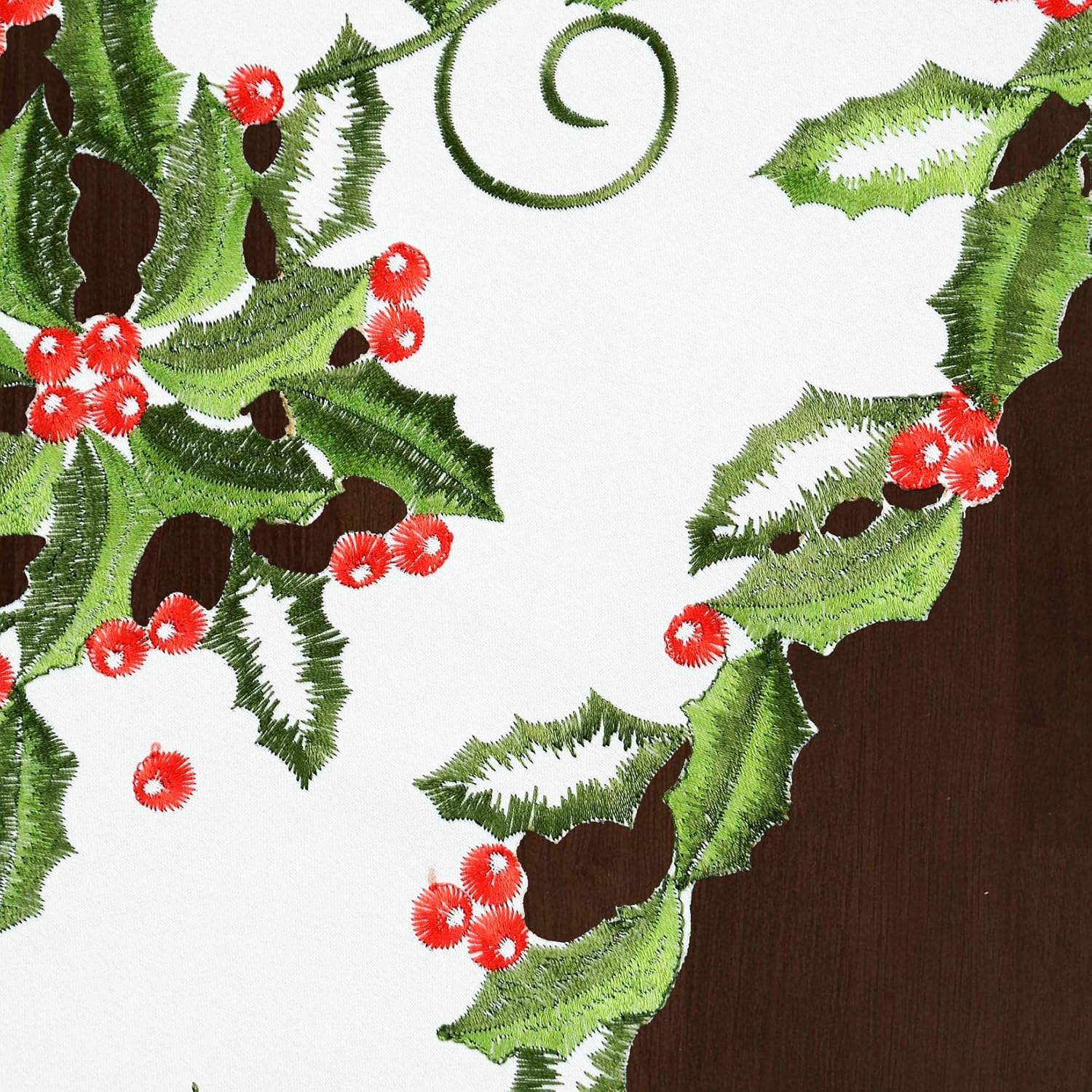 Camino de mesa bordado de hojas de acebo y bayas para vacaciones de Navidad (14 x 70 pulgadas)