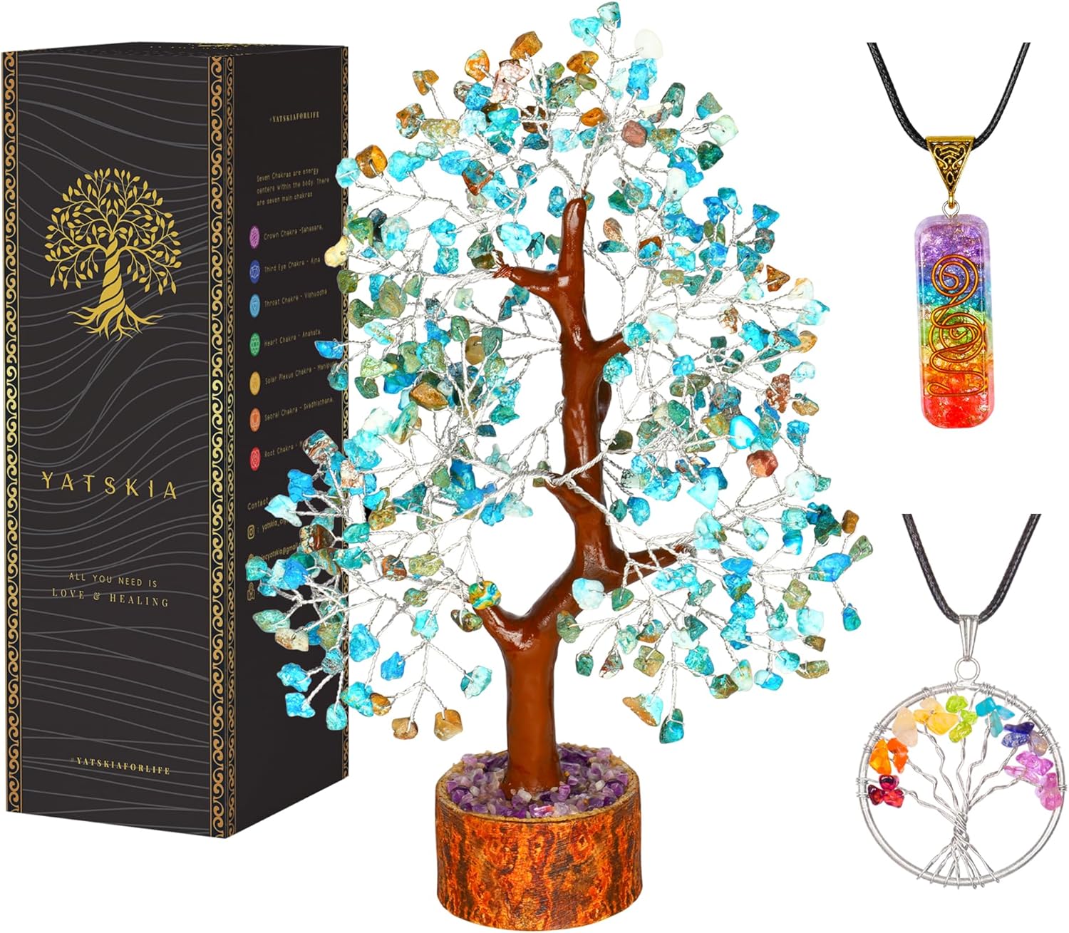 YATSKIA – Árbol de cristal turquesa Feng Shui, alambre, bonsái Buhha, estatua reiki, Chakra curativo energía positiva, buena suerte dinero regalos