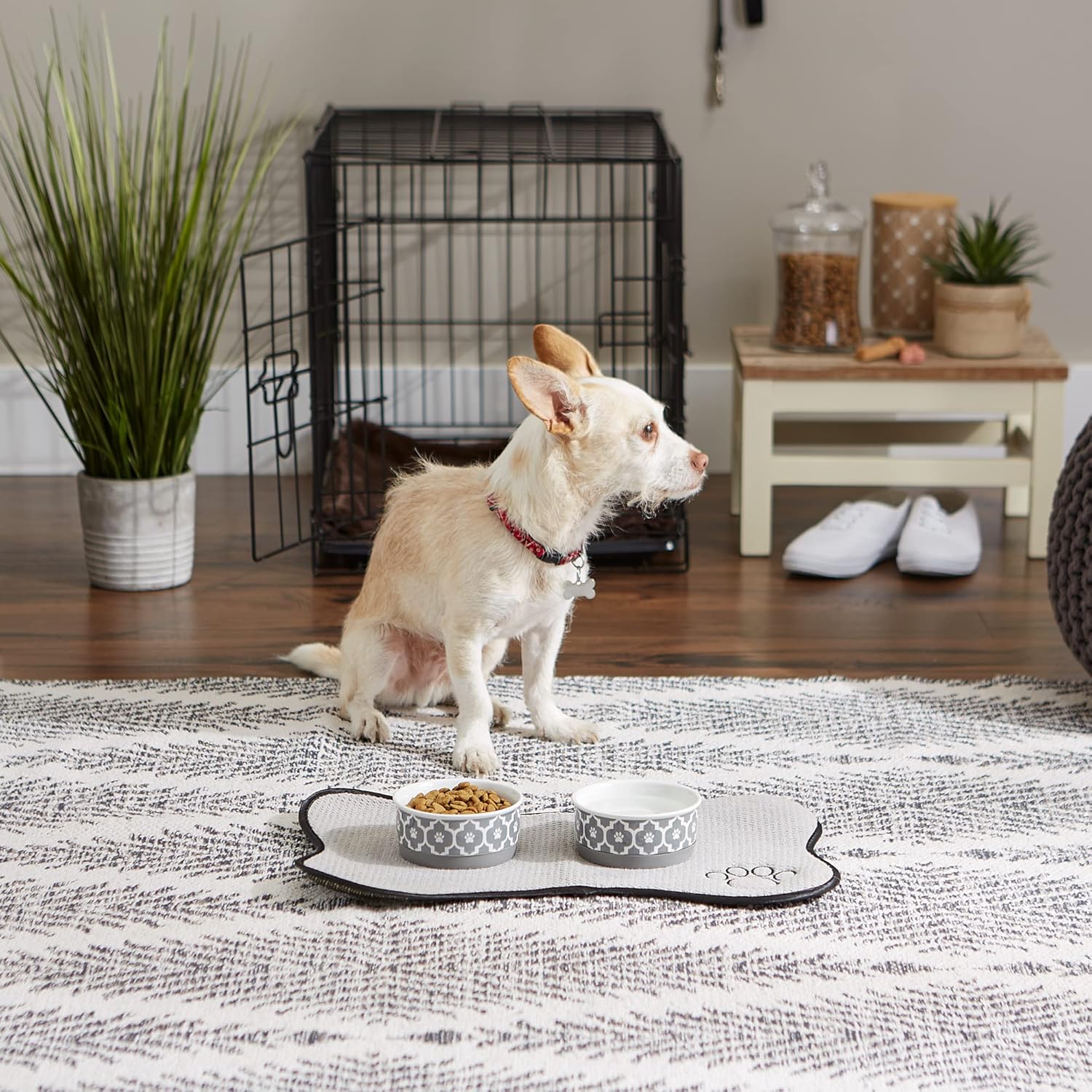 Recipiente y tazón para mascotas Bone Dry Lattice Collection, juego pequeño, 4.25×2 pulgadas, gris, 2 unidades