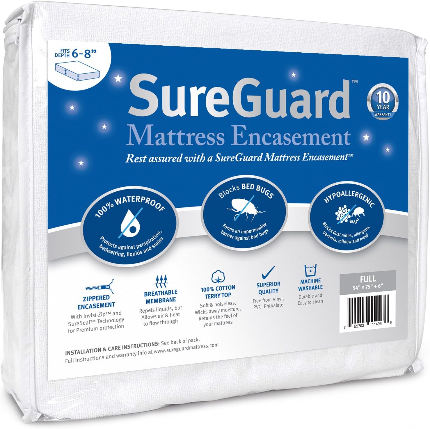 Funda SureGuard Mattress Encasement de seis lados con cremallera, 100 % impermeable, hipoalergénica, Profundidad 15.24 cm – 20.32 cm, Blanco,