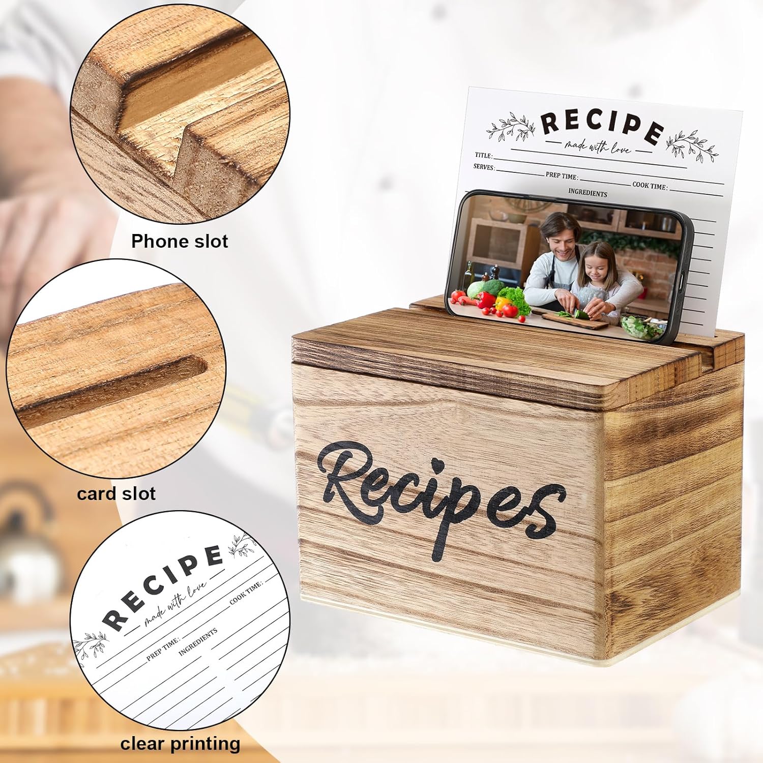 Hoteam Caja de recetas de madera con tarjetas y soporte para tarjetas de recetas de madera rústica con 50 tarjetas de recetas de 5 x 7 pulgadas,