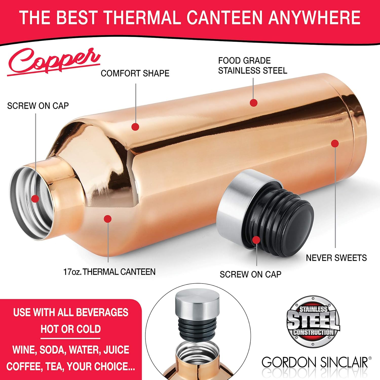 Gordon Sinclair Copper Riviera – Botellas de agua de acero inoxidable de doble pared de 17 onzas, la botella de agua aislada al vacío es a prueba de