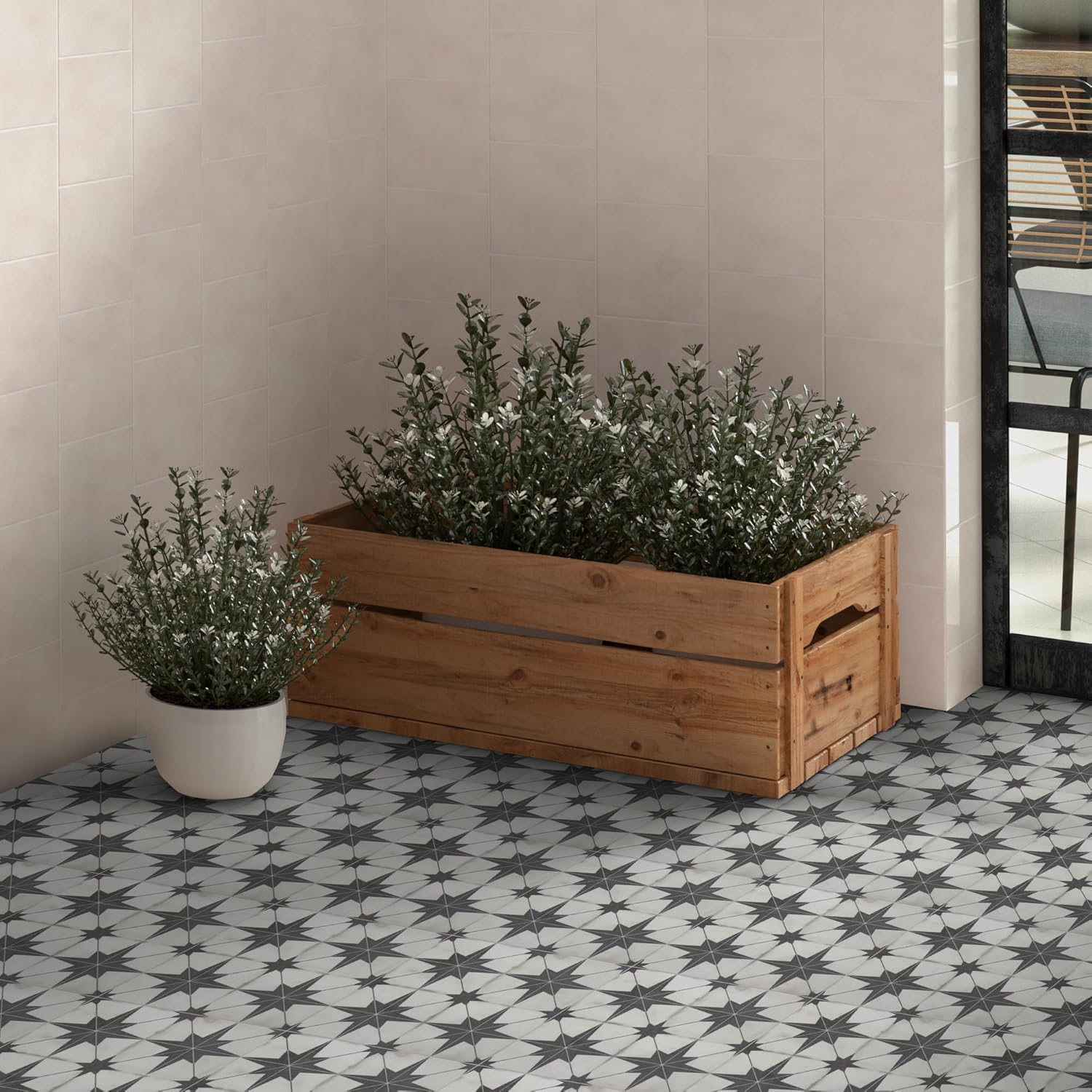 Azulejo de suelo y pared para baño y cocina. Azulejo autoadhesivo de vinilo SPC. Azulejo de salpicaduras de lechada con patrón encáustico de