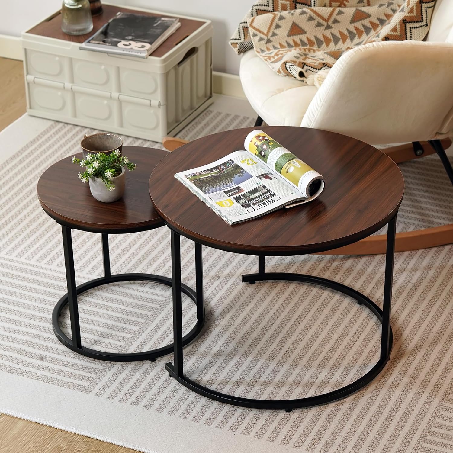 Mesa de centro anidable, mesas redondas anidables de 23.6 pulgadas, juego de 2, mesas decorativas apilables con marco de metal para sala de estar y