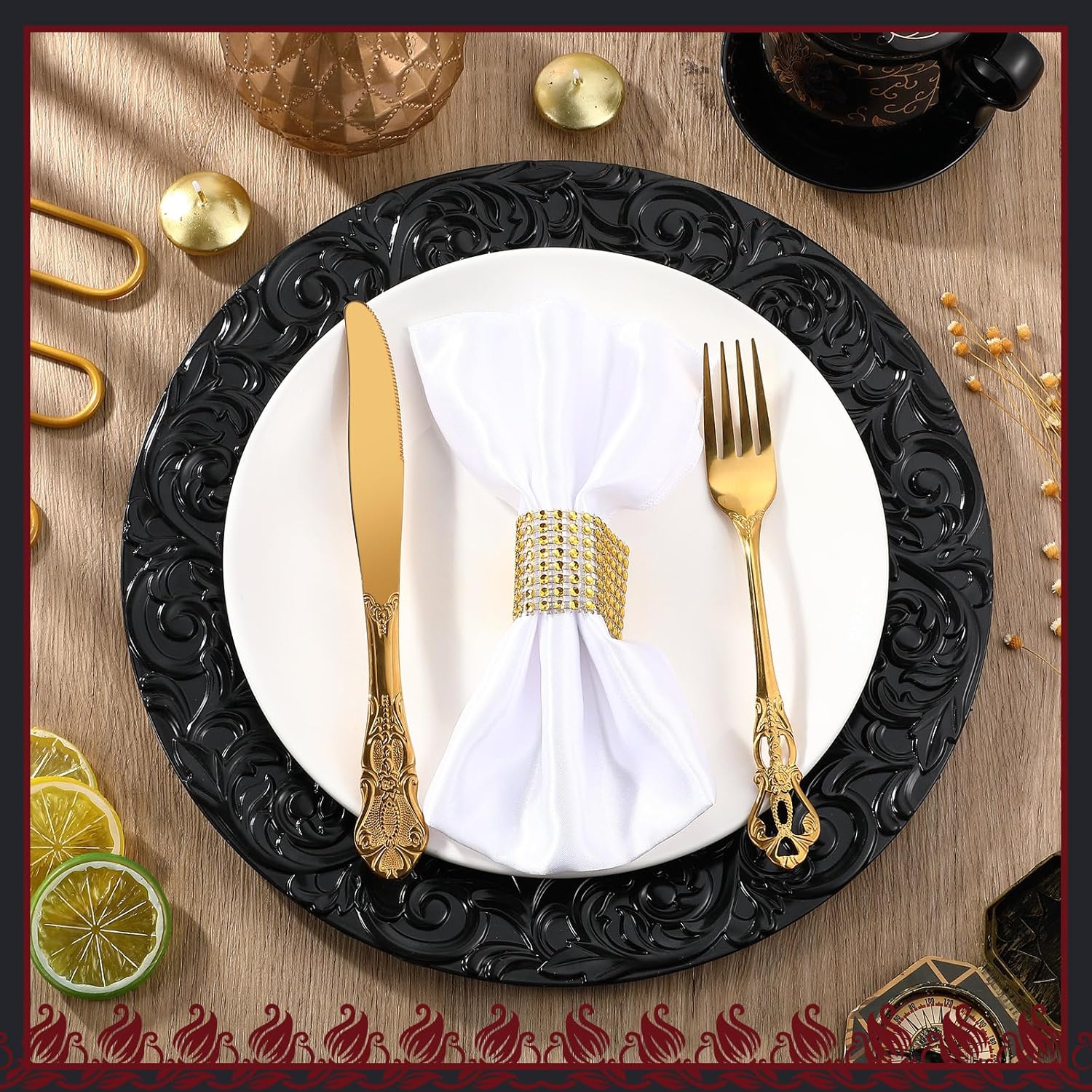 Zhehao 50 unidades de platos antiguos a granel de 13 pulgadas con borde en relieve de plástico, platos redondos decorativos para cenas, bodas,