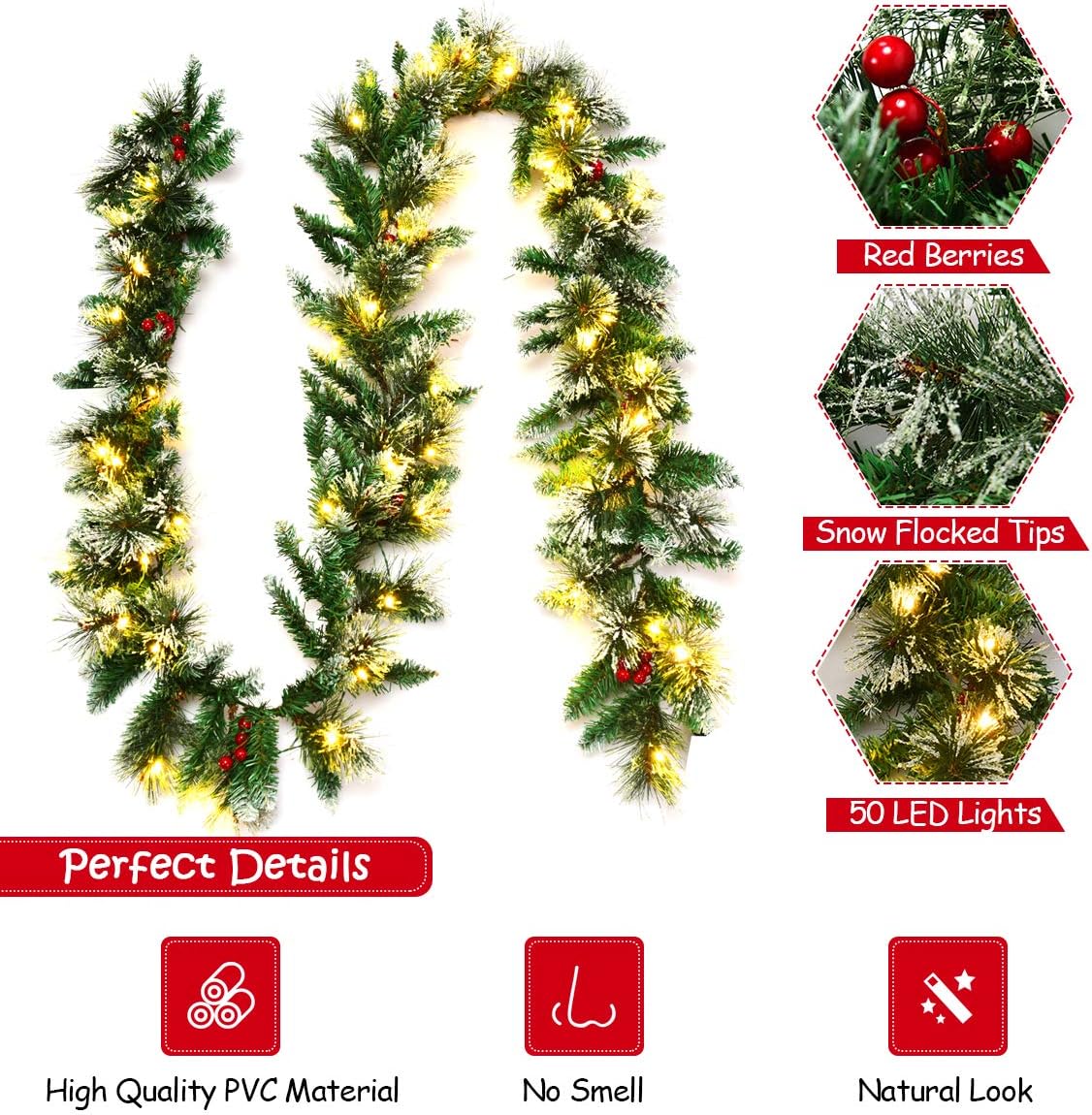 Goplus Guirnalda de Navidad preiluminada de 9 pies, ratán de pino artificial de Navidad con temporizador, 50 luces LED y bayas rojas, ideal para