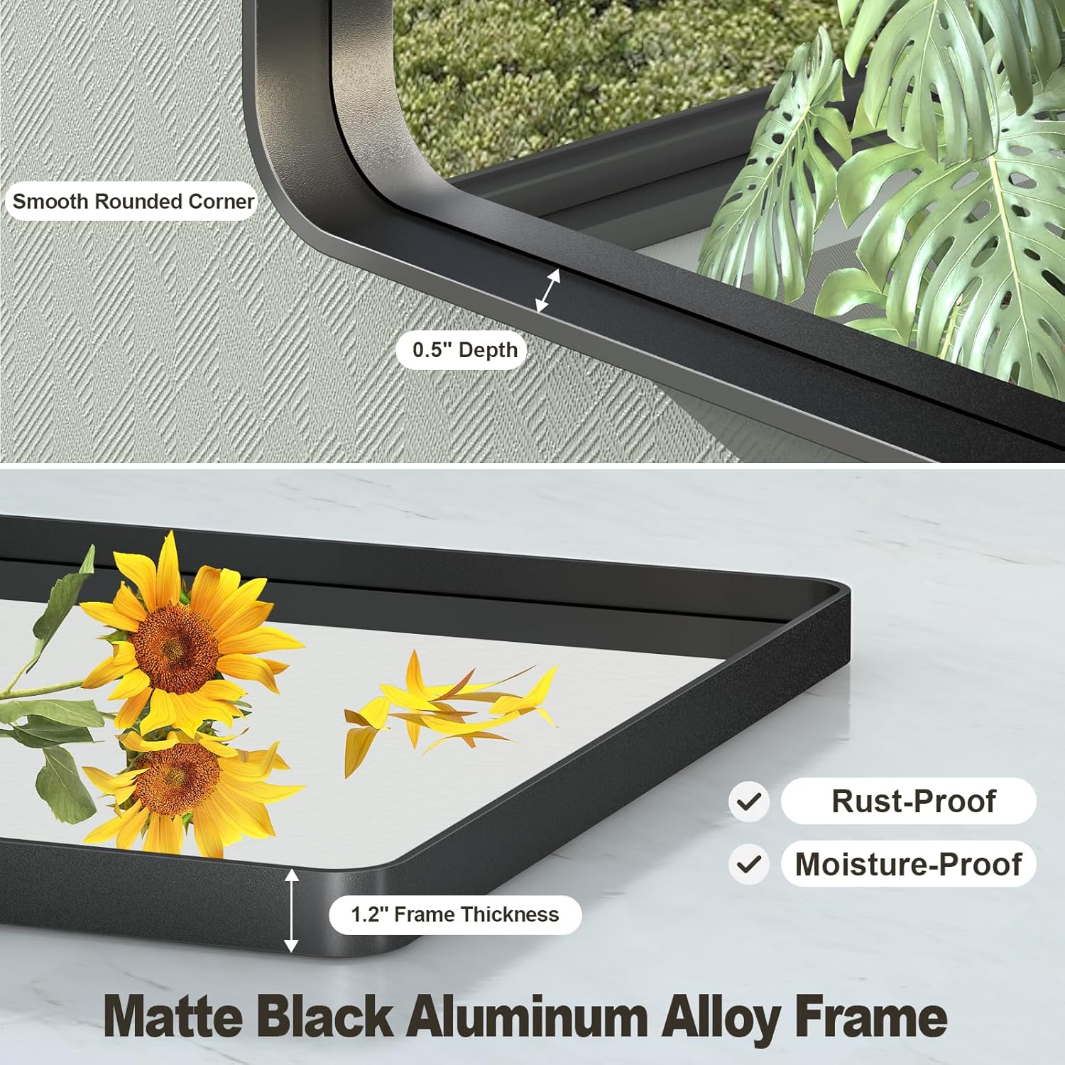 Espejo con marco de metal negro de 22 x 30 pulgadas para baño, espejo de tocador negro mate, espejo de baño rectangular redondeado, antioxidante,