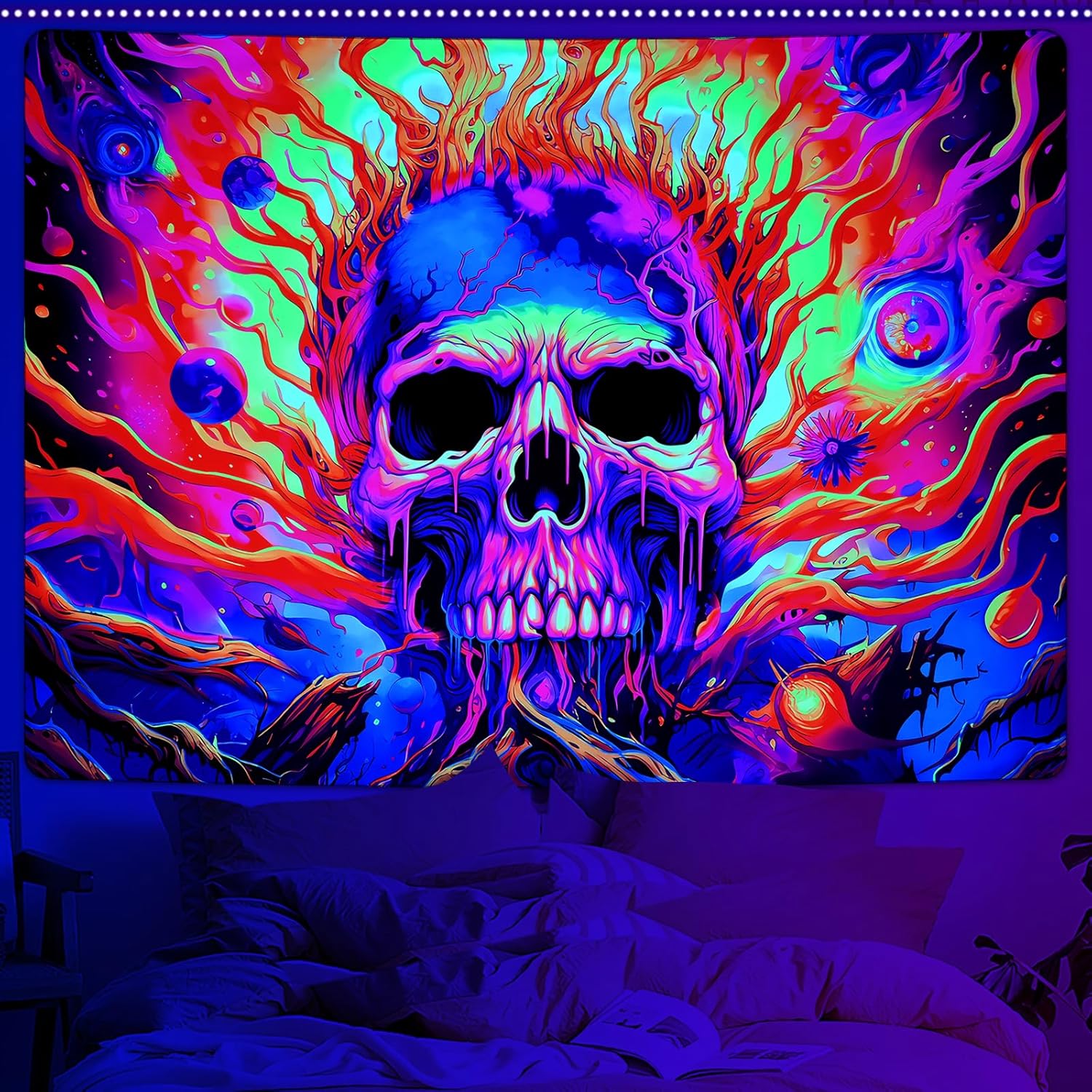 Uspring Tapiz de calavera con luz negra, coloridos llamas, tapices de ramas de árbol de Halloween, tapiz que brilla en la oscuridad, tapiz estético