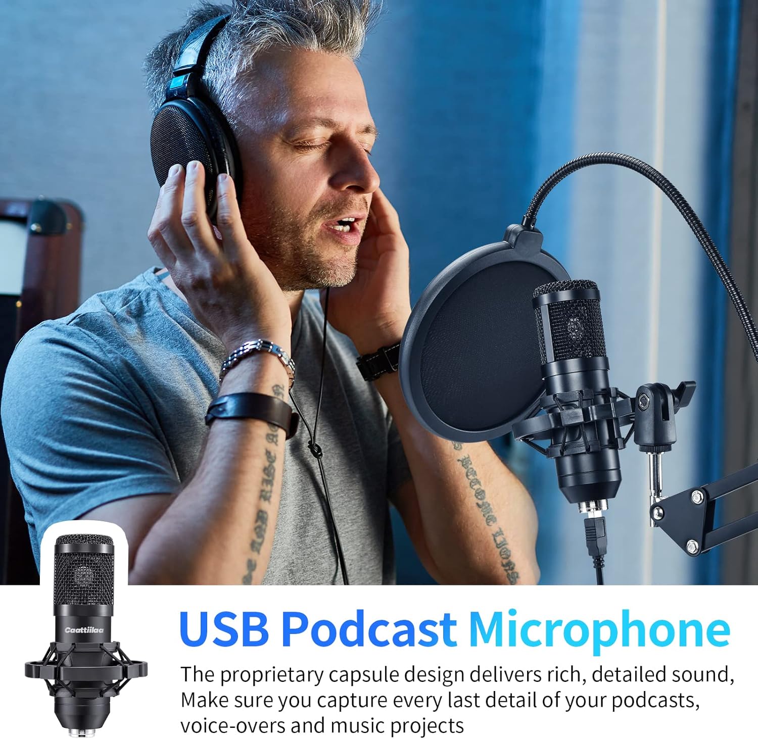 Caattiilaa Micrófono USB – Micrófono de grabación profesional, 192 KHZ24 bits, filtro pop, juego de brazo de brazo, fácil instalación, compatible