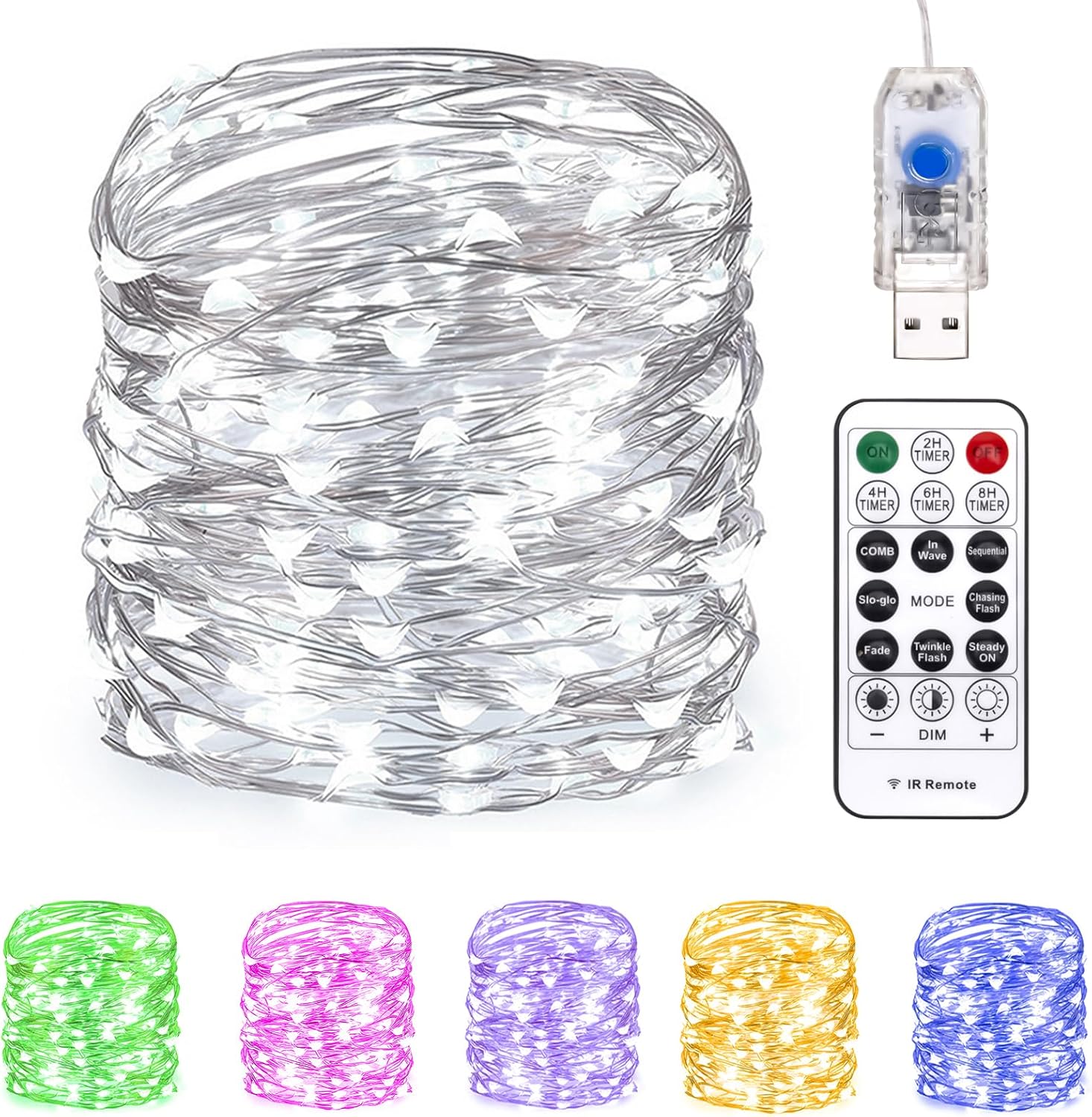Guirnalda de luces de 33 pies con 100 luces LED USB parpadeantes enchufables de alambre plateado con control remoto y temporizador, 8 modos de
