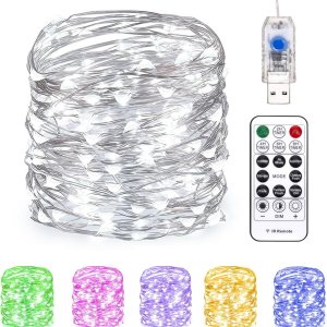 Guirnalda de luces de 33 pies con 100 luces LED USB parpadeantes enchufables de alambre plateado con control remoto y temporizador, 8 modos de Guirnalda de luces de 33 pies con 100 luces LED USB parpadeantes enchufables de alambre plateado con control remoto y temporizador, 8 modos de