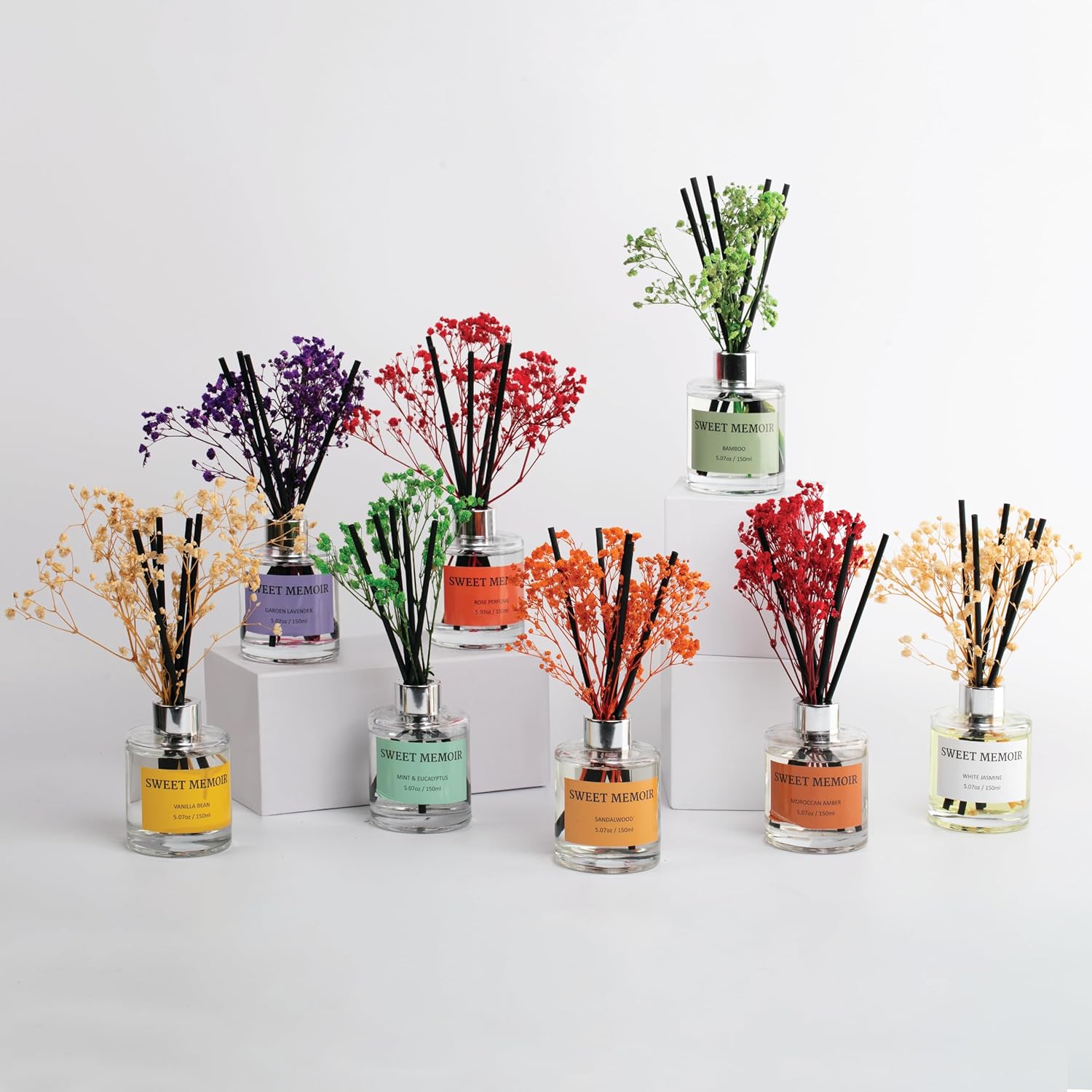 Juego de difusor de varillas de aceite esencial, varillas difusoras de fragancia de bambú con botella decorativa de 5.1 fl oz y flores preservadas,