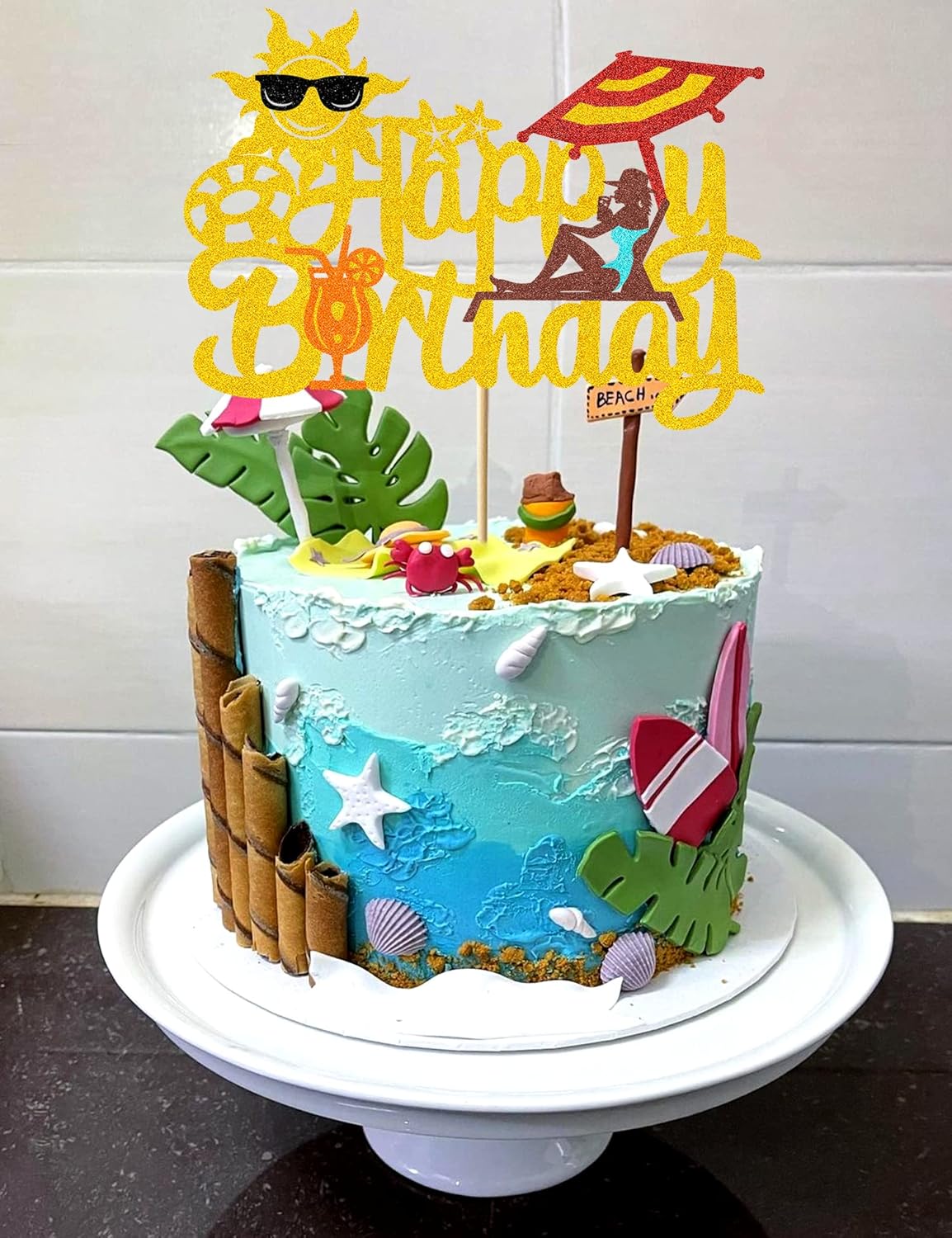 Decoración de verano para tartas de playa, decoración de piscina, decoración hawaiana dorada con purpurina para niñas y mujeres, silla, sombrilla,