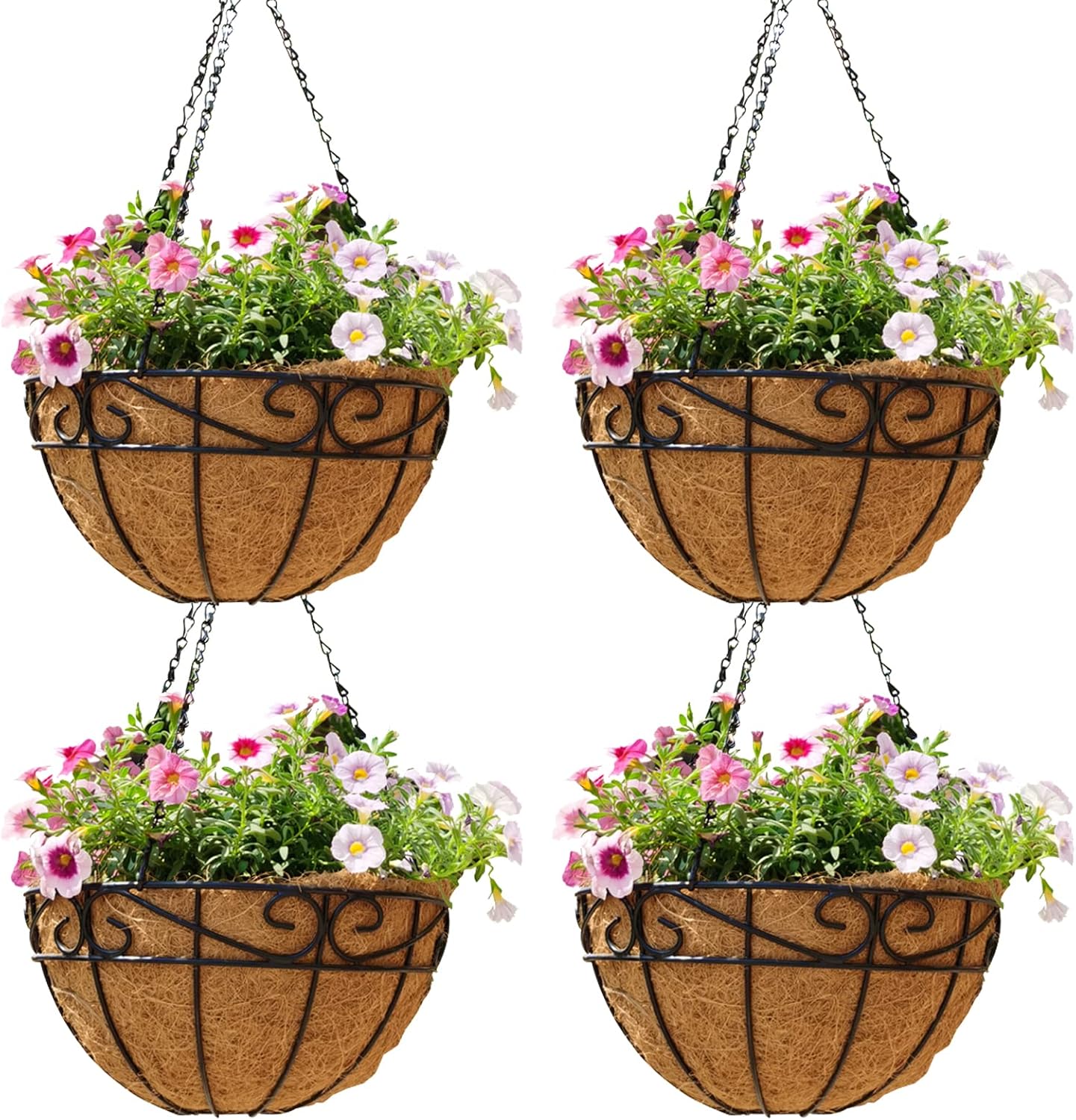 Macetas colgantes de metal al aire libre (paquete de 4, 10 pulgadas) cestas colgantes para plantas con cadena redonda de alambre para plantas con