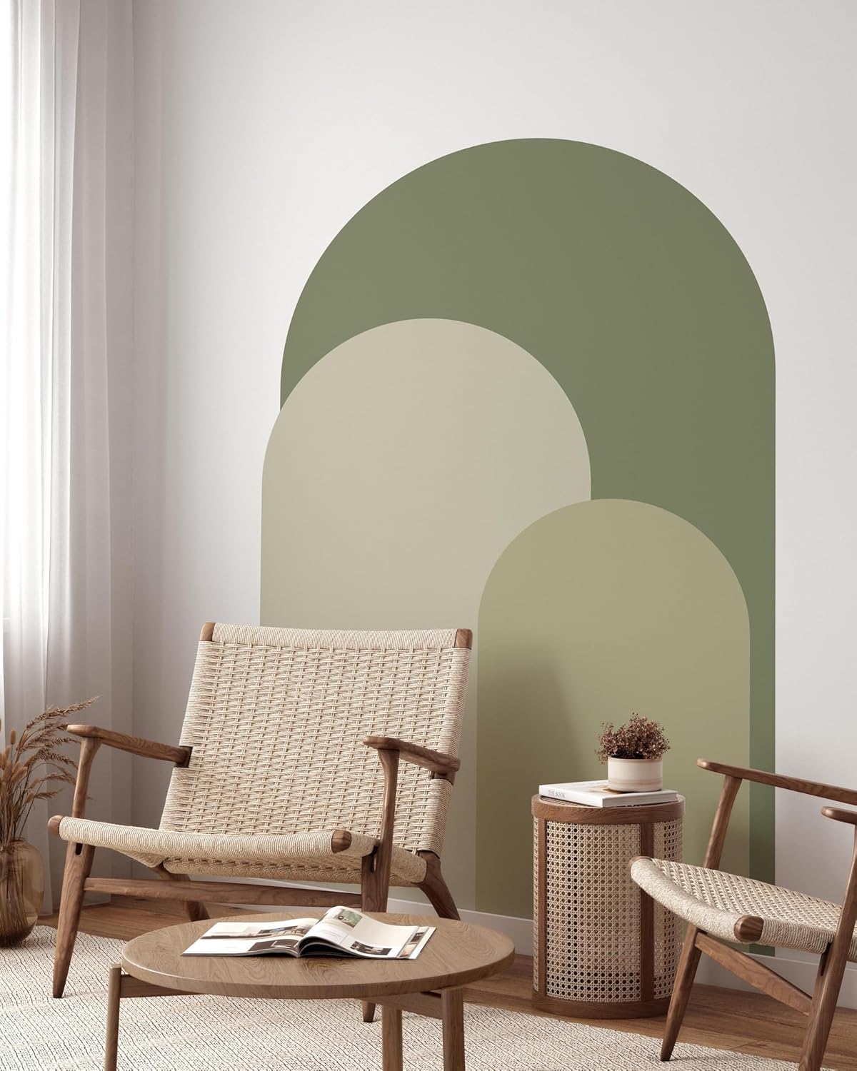 Calcomanía de pared de arco moderno verde oliva, adhesivo de pared para despegar y pegar, mural bohemio autoadhesivo extraíble, calcomanía para