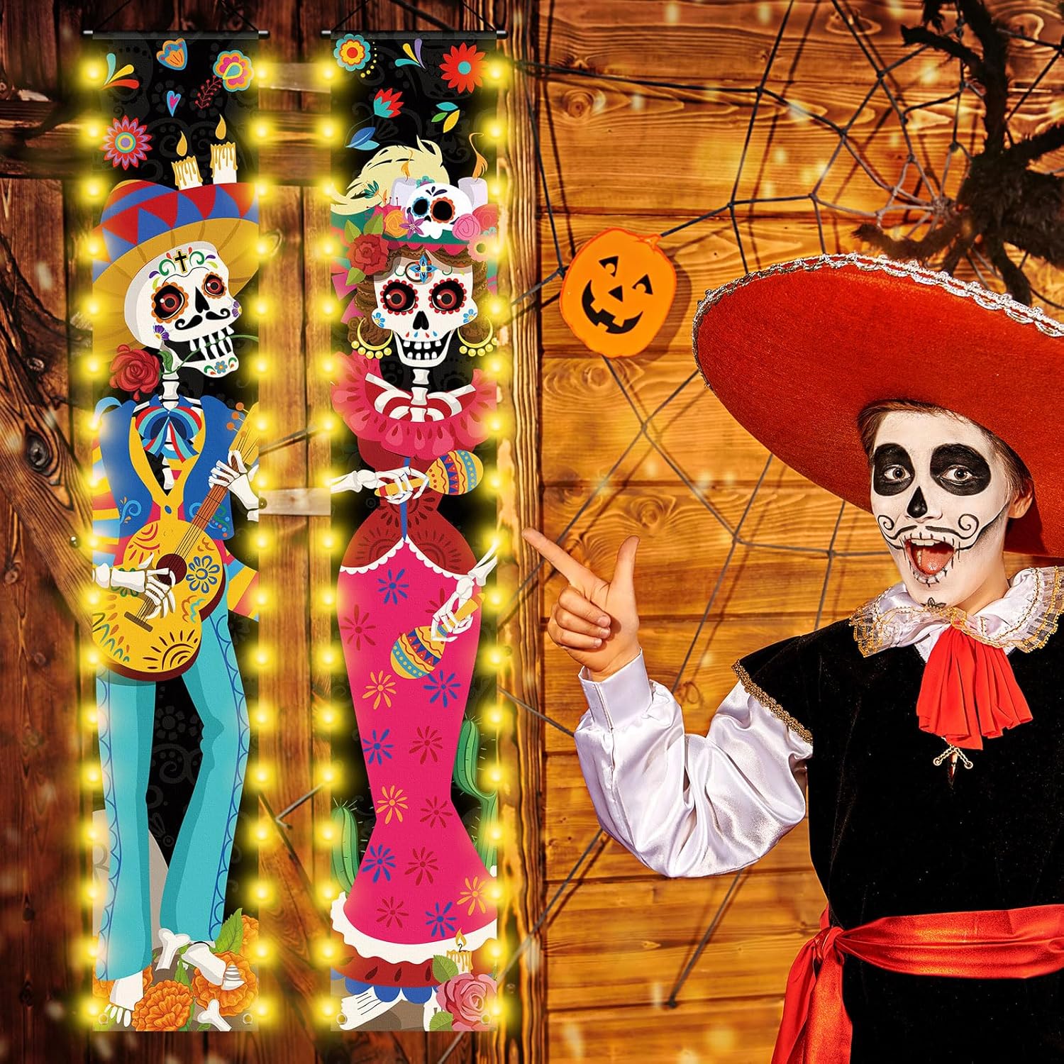 Tiamon 3 carteles de Día de los Muertos con luces LED, decoración de puerta de fiesta mexicana Día de los Muertos, pancarta de puerta de calavera de