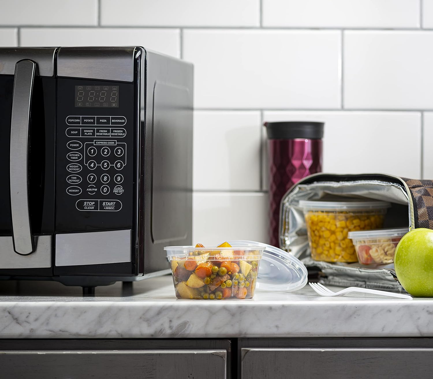 Elegant Disposables 8 onzas  24 juegos de recipientes de plástico para almacenamiento de alimentos con tapas flexibles herméticas para microondas,