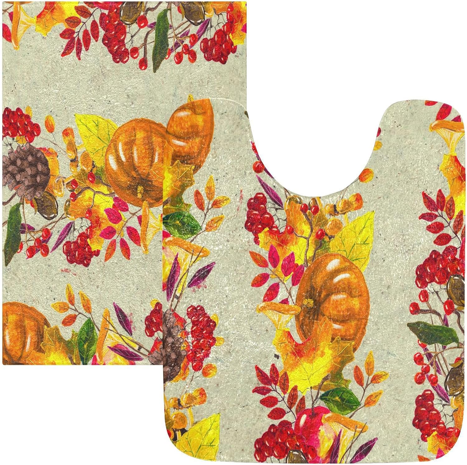 Bathroom Rugs Sets 2 Piece 24×16+24×20 Inch,Soft U-Shaped Contour Toilet Rug Fall Red Maple Leaves Non-Slip Absorbent Bath Floor Mat Carpet Set