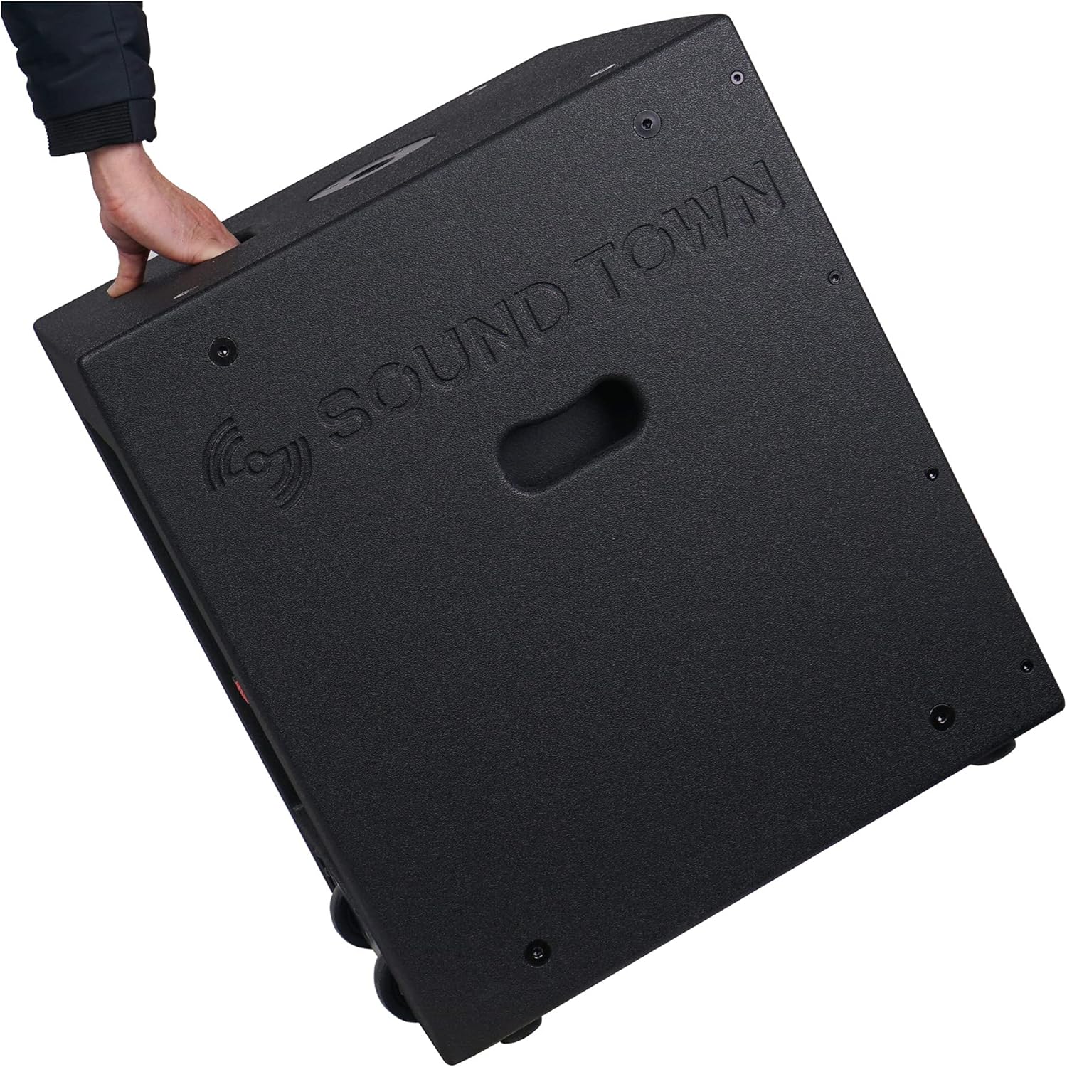 Sound Town Paquete de 2 subwoofers PA DJ de 15 pulgadas y 1600 vatios con salidas de altavoz, carcasa de madera contrachapada y ruedas, color negro