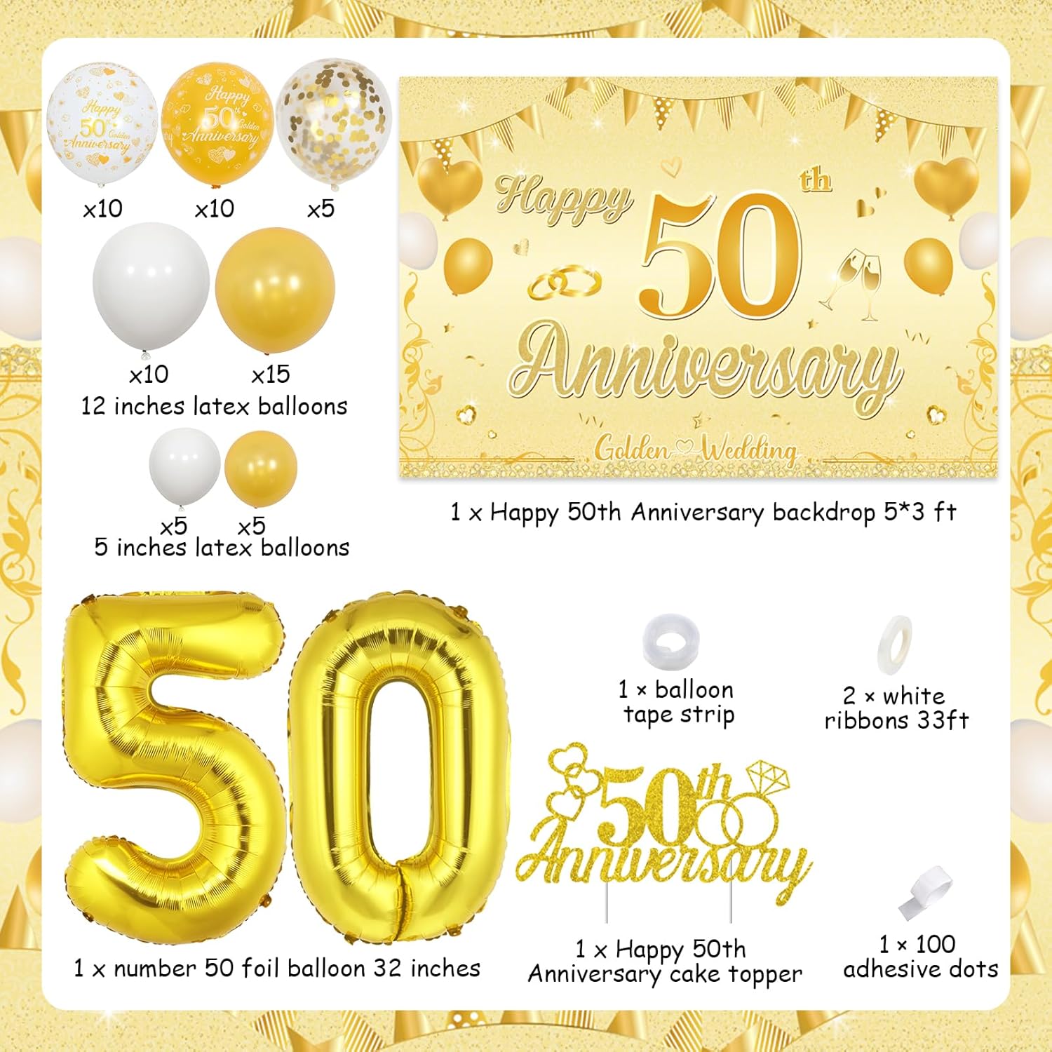 Decoraciones doradas de aniversario de boda del número 50 kit de arco de globos dorados y blancos con telón de fondo, decoración de pastel, globos