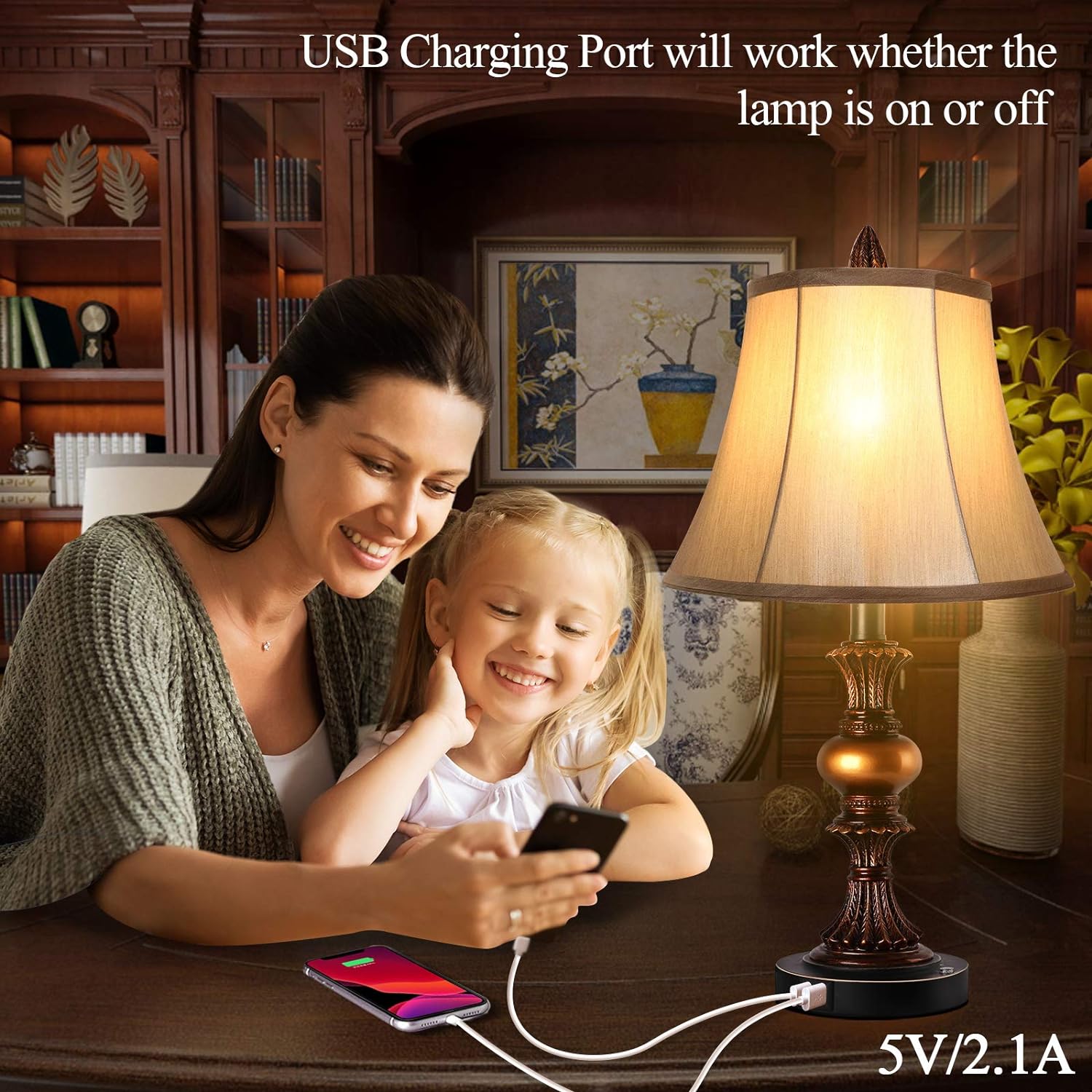 Juego de 2 lámparas de mesa tradicionales con control táctil lámparas de noche vintage con puertos de carga USB duales lámparas de escritorio con acabado de bronce regulable en 3 direcciones con forma de campana de seda sintética para sala de Colombia - Imagen 4