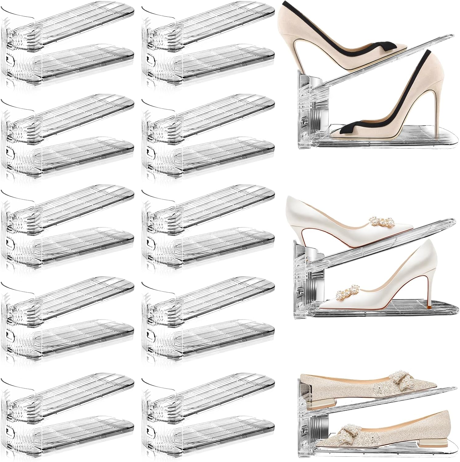 Organizador de ranuras ajustables para zapatos, paquete de 12 apiladores transparentes para zapatos, soporte para zapatos, ahorrador de espacio de