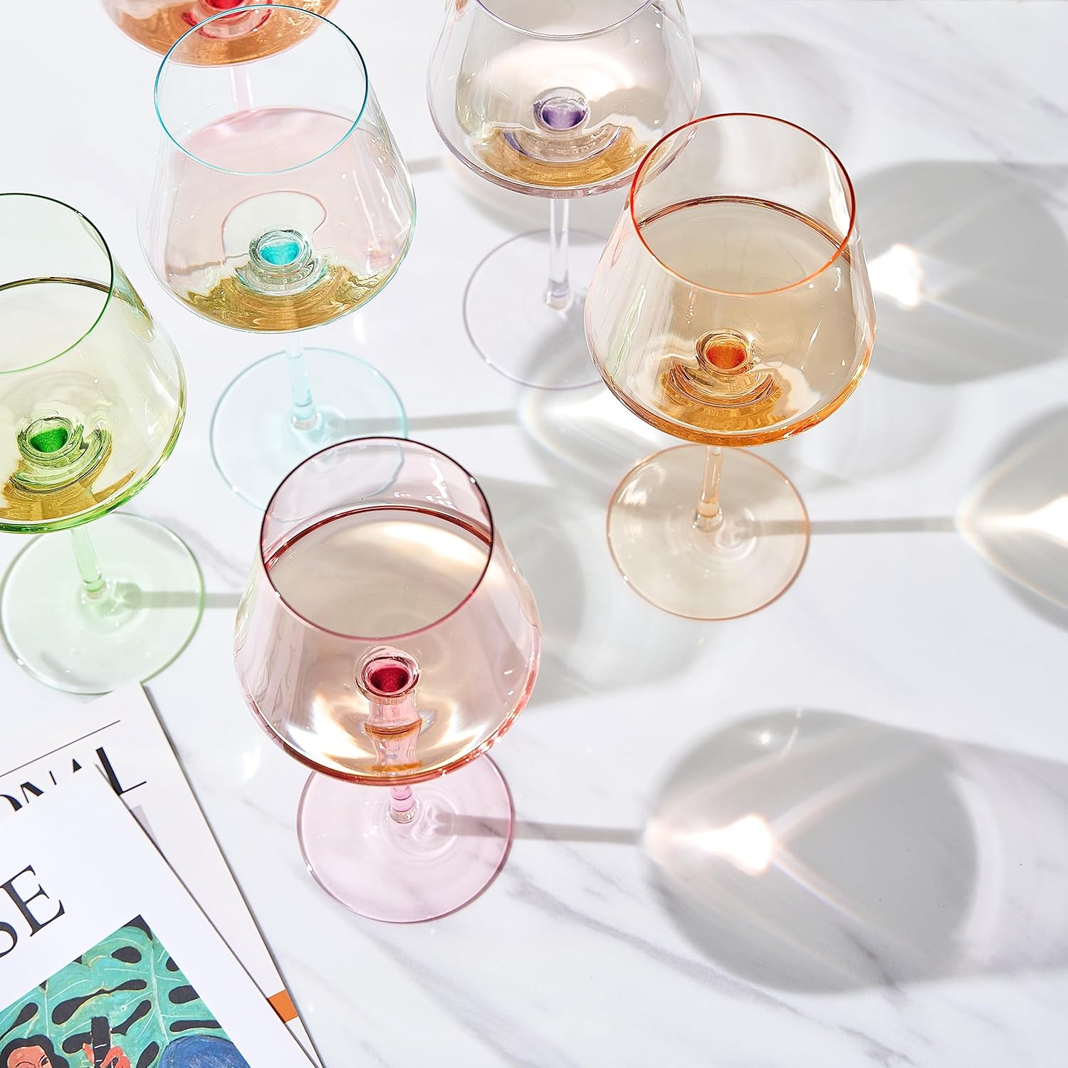Juego de 6 copas de vino de cristal de colores, grandes y únicos de 16 onzas, ideales para todas las ocasiones y celebraciones especiales, vasos