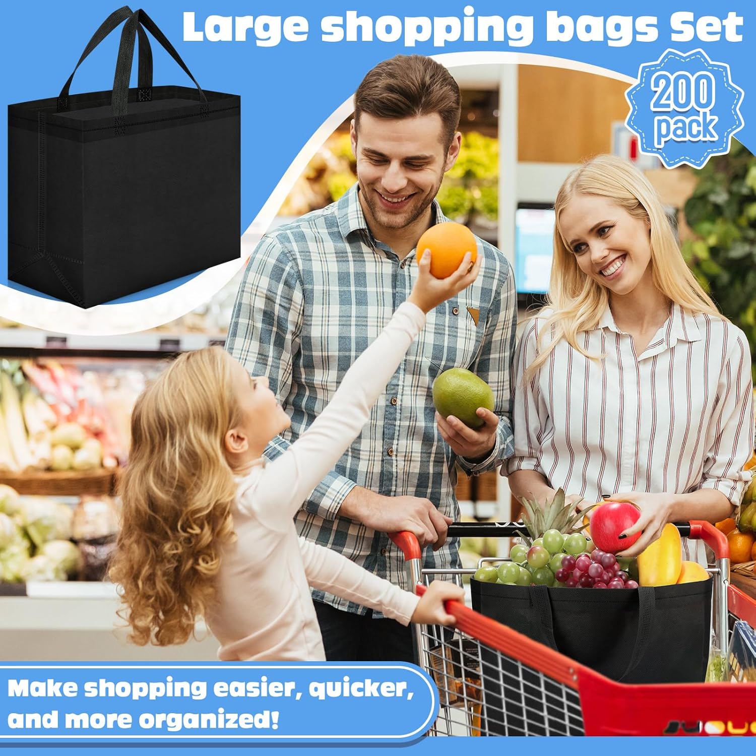 200 bolsas de comestibles reutilizables de 12.6 x 11.8 x 6.3 pulgadas, grandes bolsas de compras no tejidas plegables y portátiles a granel