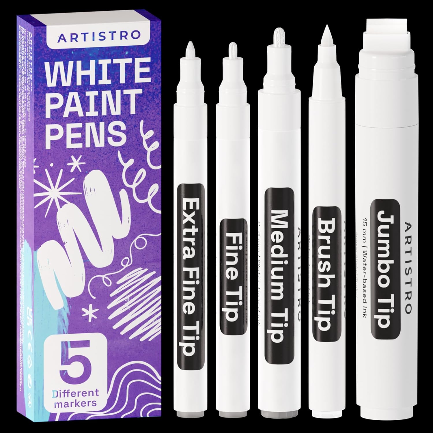 ARTISTRO 5 marcadores blancos de diferentes puntas marcadores acrílicos con jumbo de 0.591 in, punta extrafina de 0.028 in, punta fina de 0.039 in,
