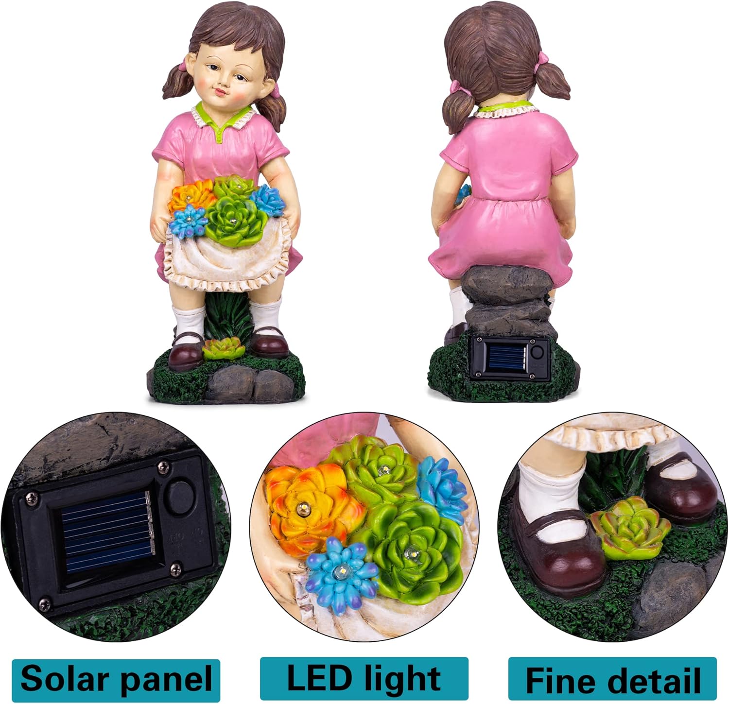 Ottsuls Estatua solar de jardín de niña, resina impermeable, escultura de hada para exteriores, con flores y 4 luces LED para patio, césped, porche,