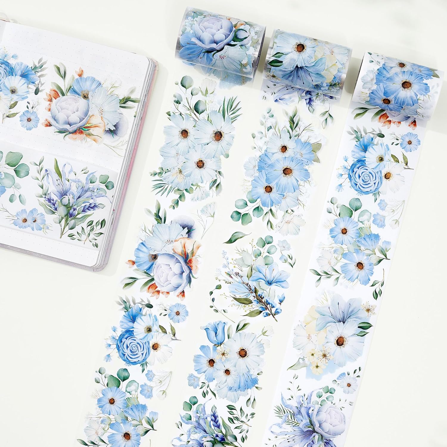 WT Serene Wide Washi Tape, rollo individual, diseños originales, cinta decorativa de flores azules, cuaderno de recortes de diario, suministros de